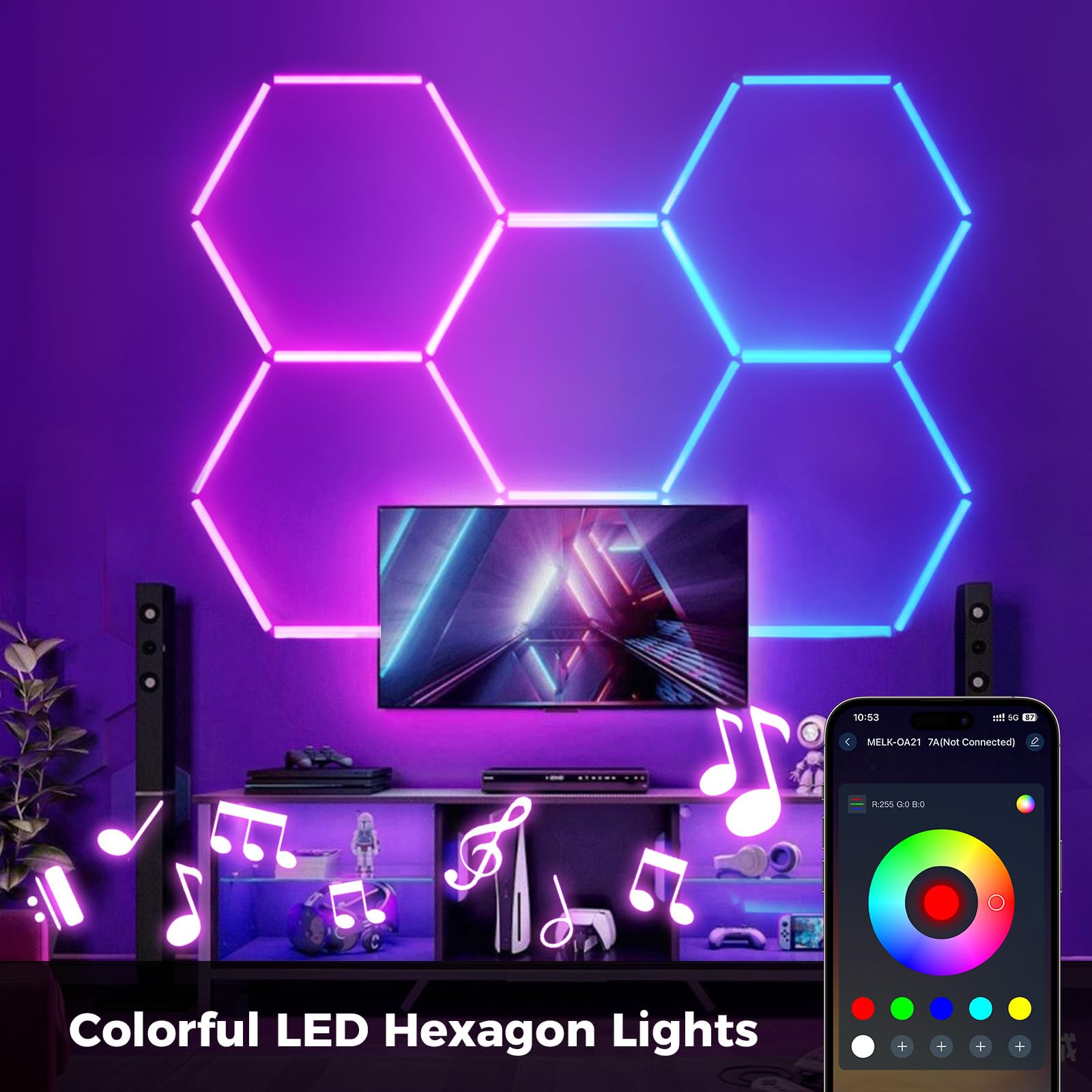 RGB LED Hexagon Beleuchtung 5 Hex 216W Deckenleuchten für Bar Party | dimmbare verknüpfbare Sechseck-Garagenleuchten mit Fernbedienung/APP für Gaming-Zimmer Fitnessstudio Auto-Schönheitssalon
