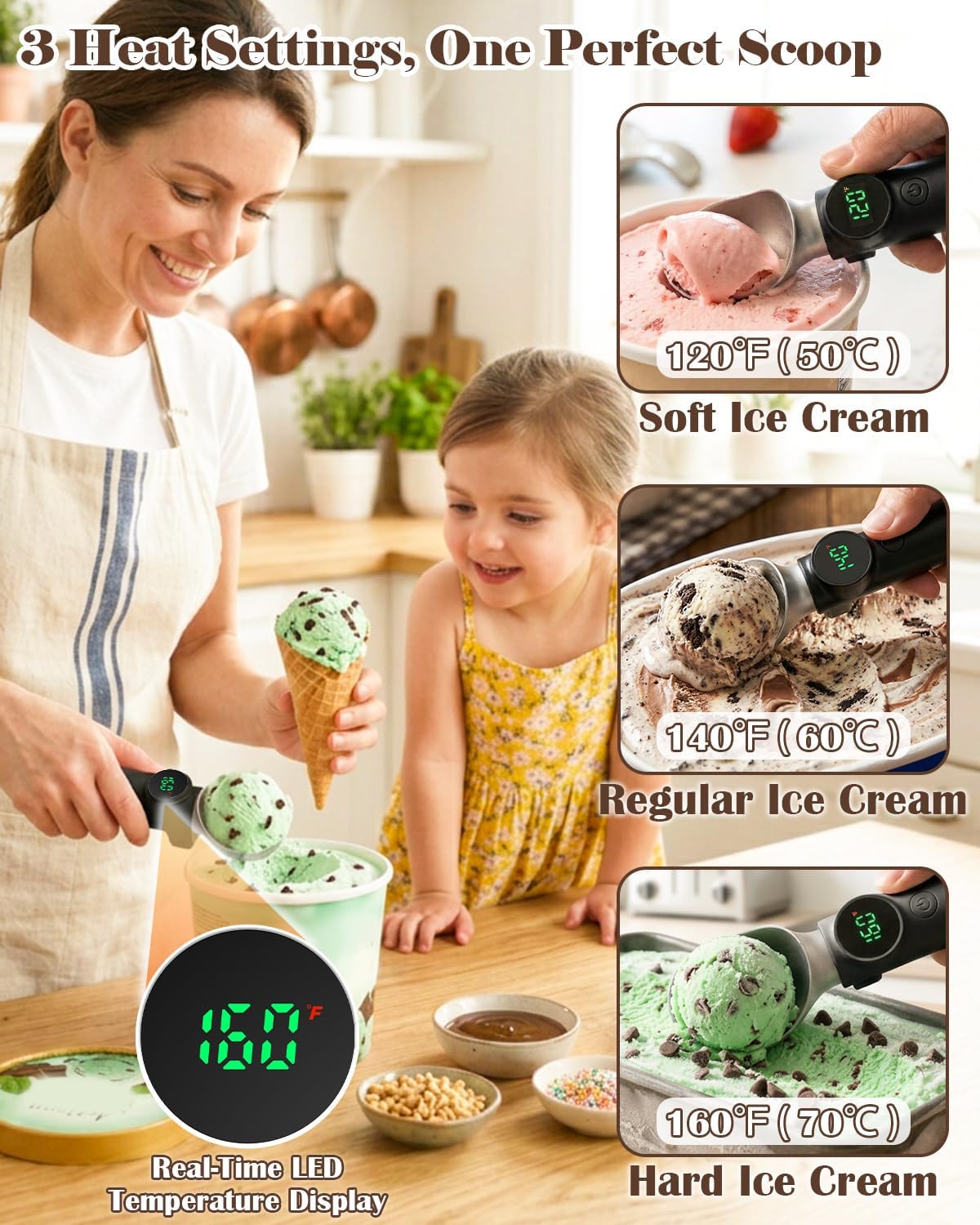 Heated Ice Cream Scoop Rechargeable, Electric Metal Ice Cream Scooper with 3-Level Heat 120-160 °F & 2500mAh Battery, Easy Scooping, LED Display, IP65 Waterproof, Kitchen Gadget