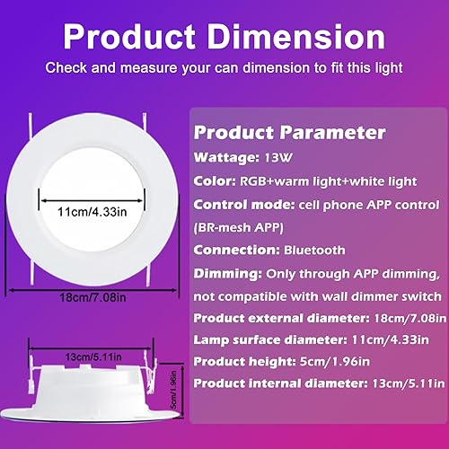 Miniatura 9 de Iluminación empotrable inteligente, 56 pulgadas, compatible con Alexa, Downlight LED inteligente, 13 W 1050 LM, luces LED inteligentes multicolor