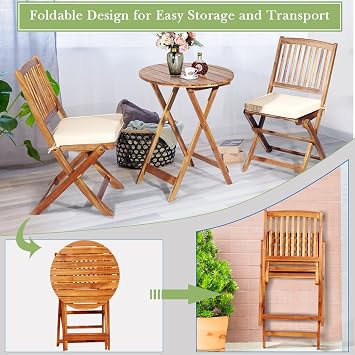 FANTASK 3 Pieces Folding Acacia Wood Bistro Set, Patio Furniture Set with Cushions & 1 Round Table, Indoor Outdoor Bistro Table and Chairs Set of 2 for Patio, Garden, Poolside, Porch, Lawn (Beige)