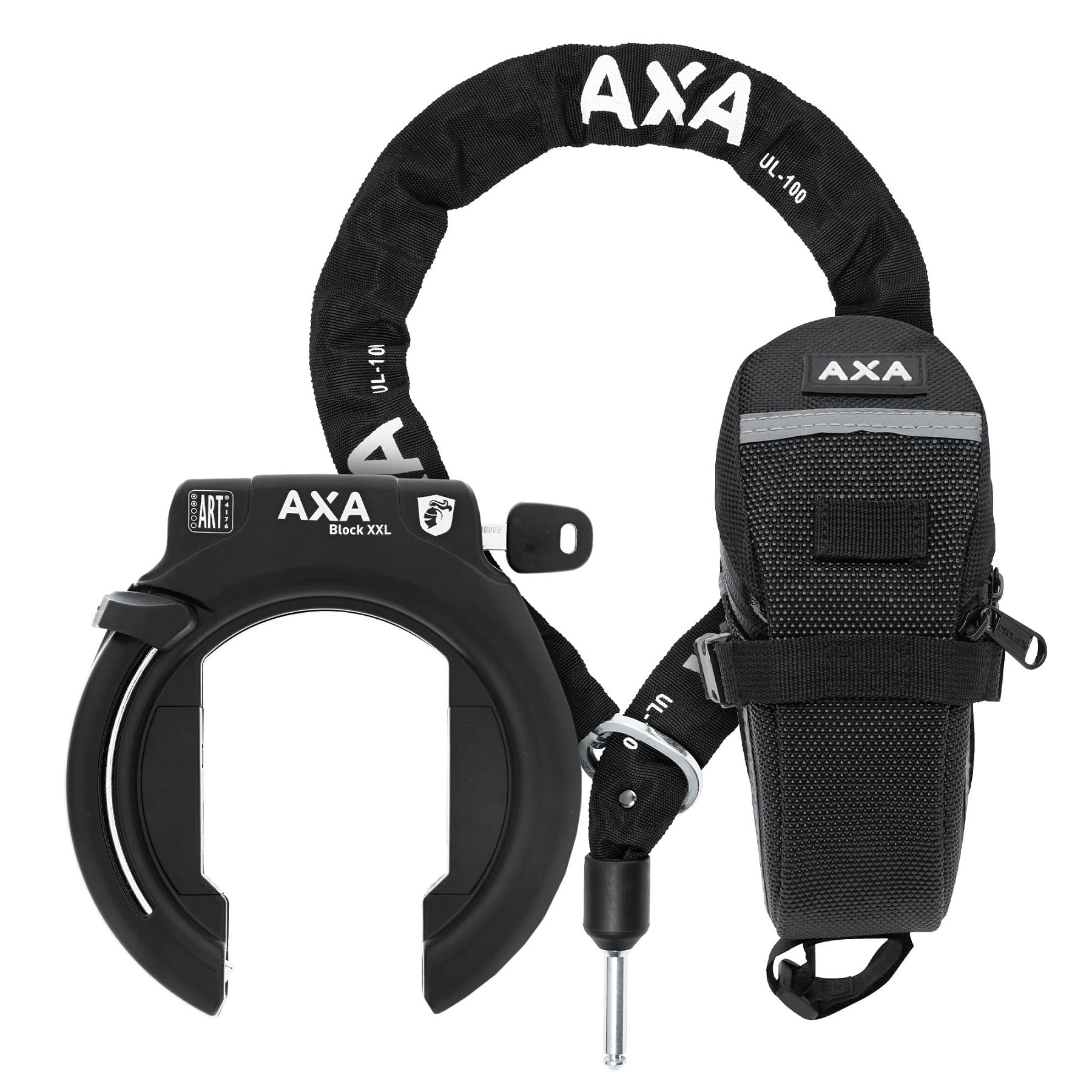 AXA Block XXL Rahmenschloss + ULC 100 Einsteckkette, Set mit Tasche – Fahrradschloss mit Plug-in-Kette – Sicherheitslevel 12 – Länge 100 cm – Schlüssel nicht abziehbar