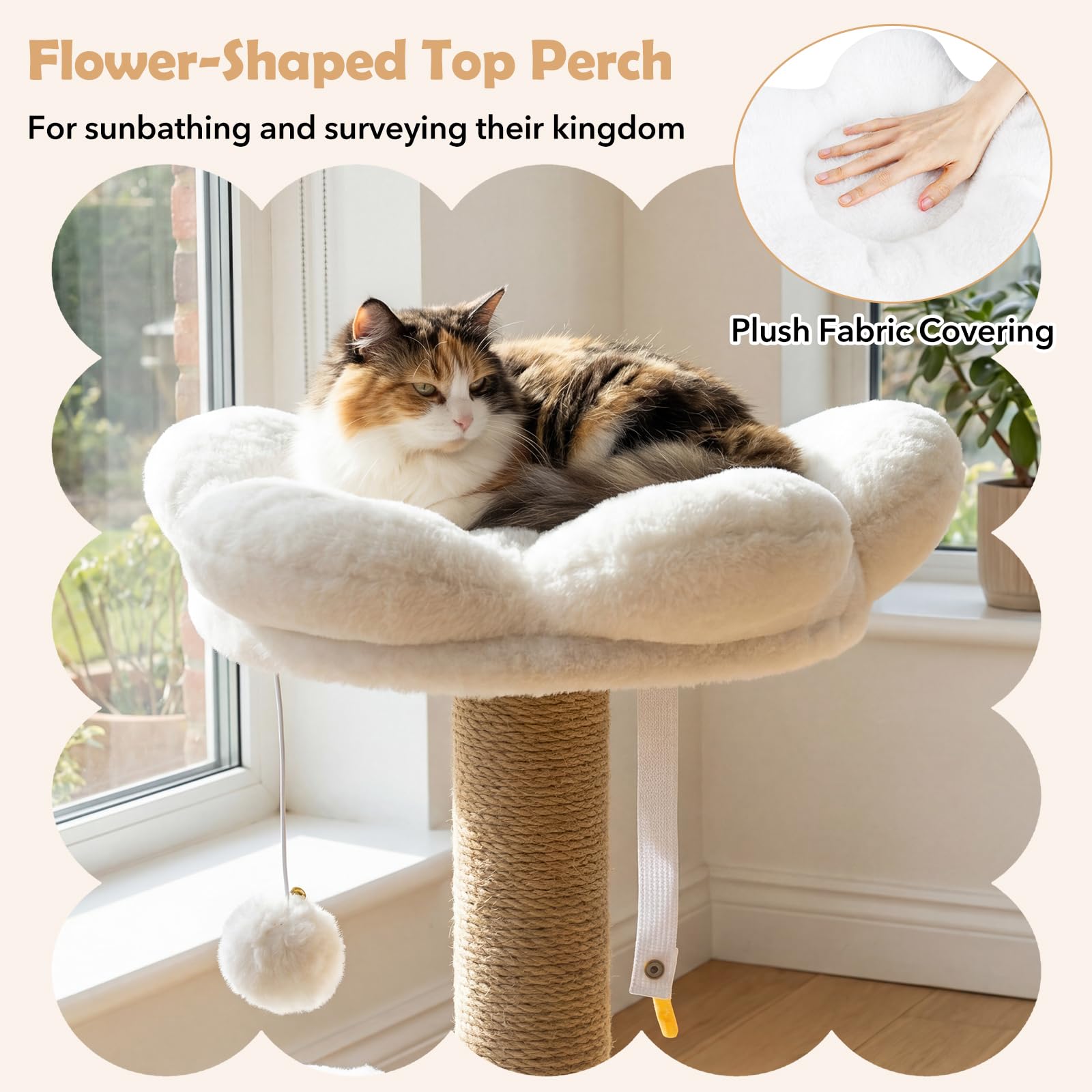 FANTASK 96 cm Katzenkratzbaum mit Katzenhöhle, Plattform, Katzenbett, 2 Spielbällen & Jute-Stämmen, Stabiler Kletterbaum für Katzen (Beige)