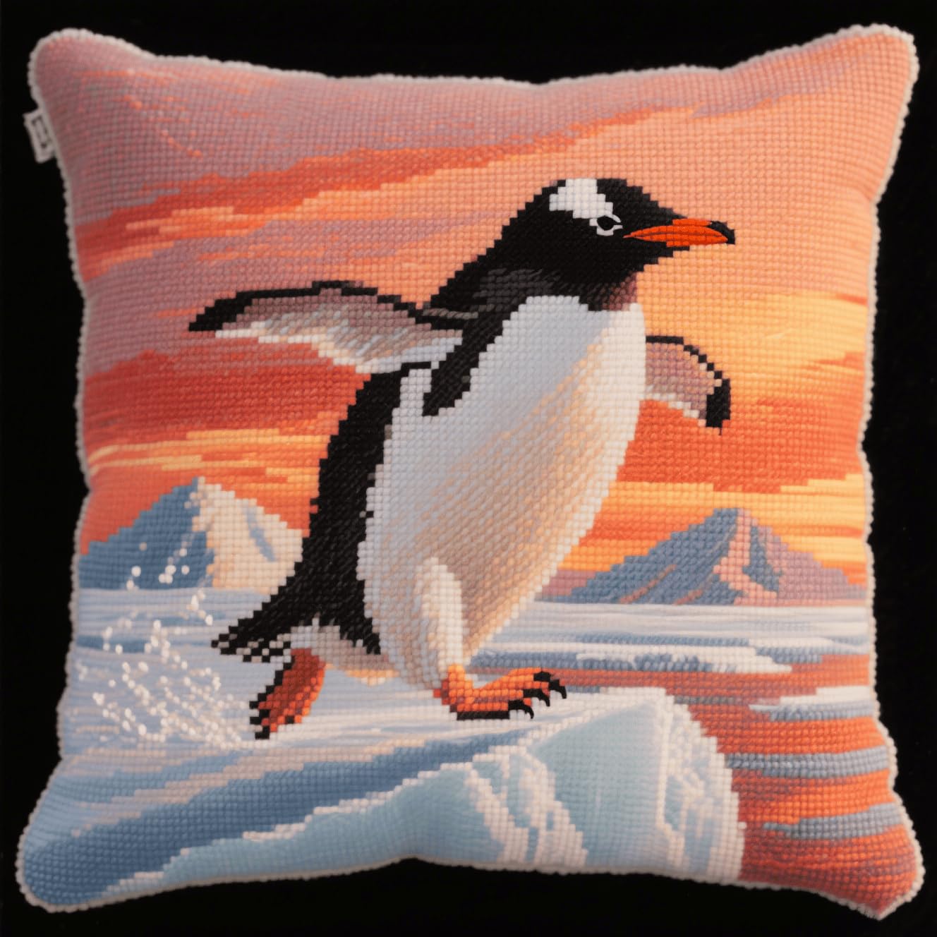 Henypt DIY Latch Hook Kits Animal Penguin Pillow with Printed Canvas Cushion Crochet Yarn Embroidery Hook and Latch Kit Throw Pillowcase Decoration 43x43cm