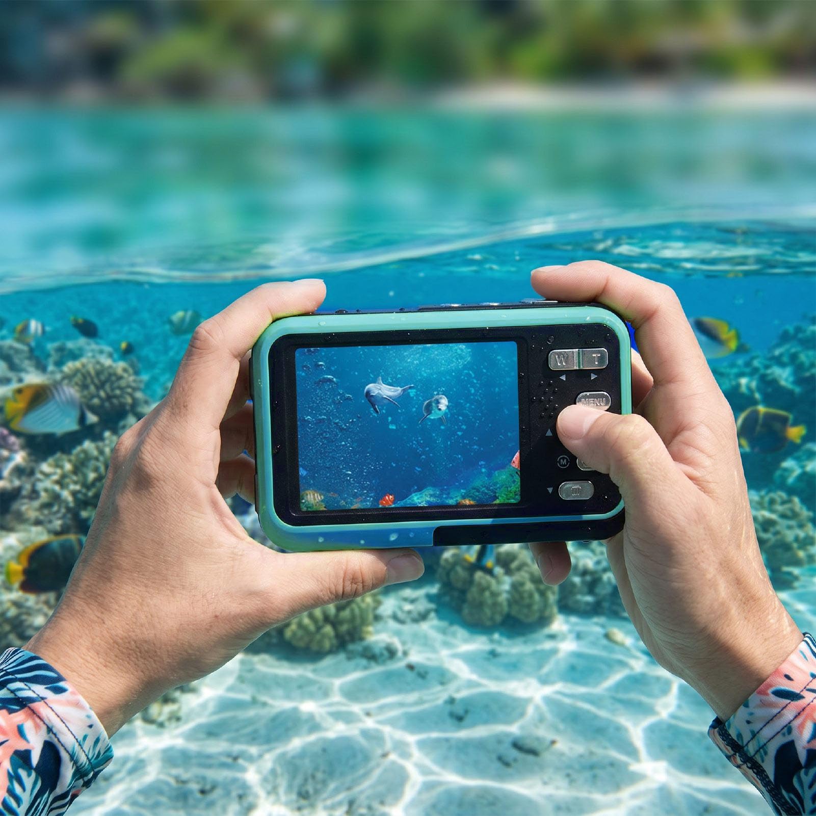 LICAEVEY Cámara Subacuática 5K, Cámara Digital Impermeable de Pantalla Dual con Enfoque Automático de 48MP con Tarjeta de 32GB, Luz de Relleno para Bucear, Nadar y Bucear (Blue)