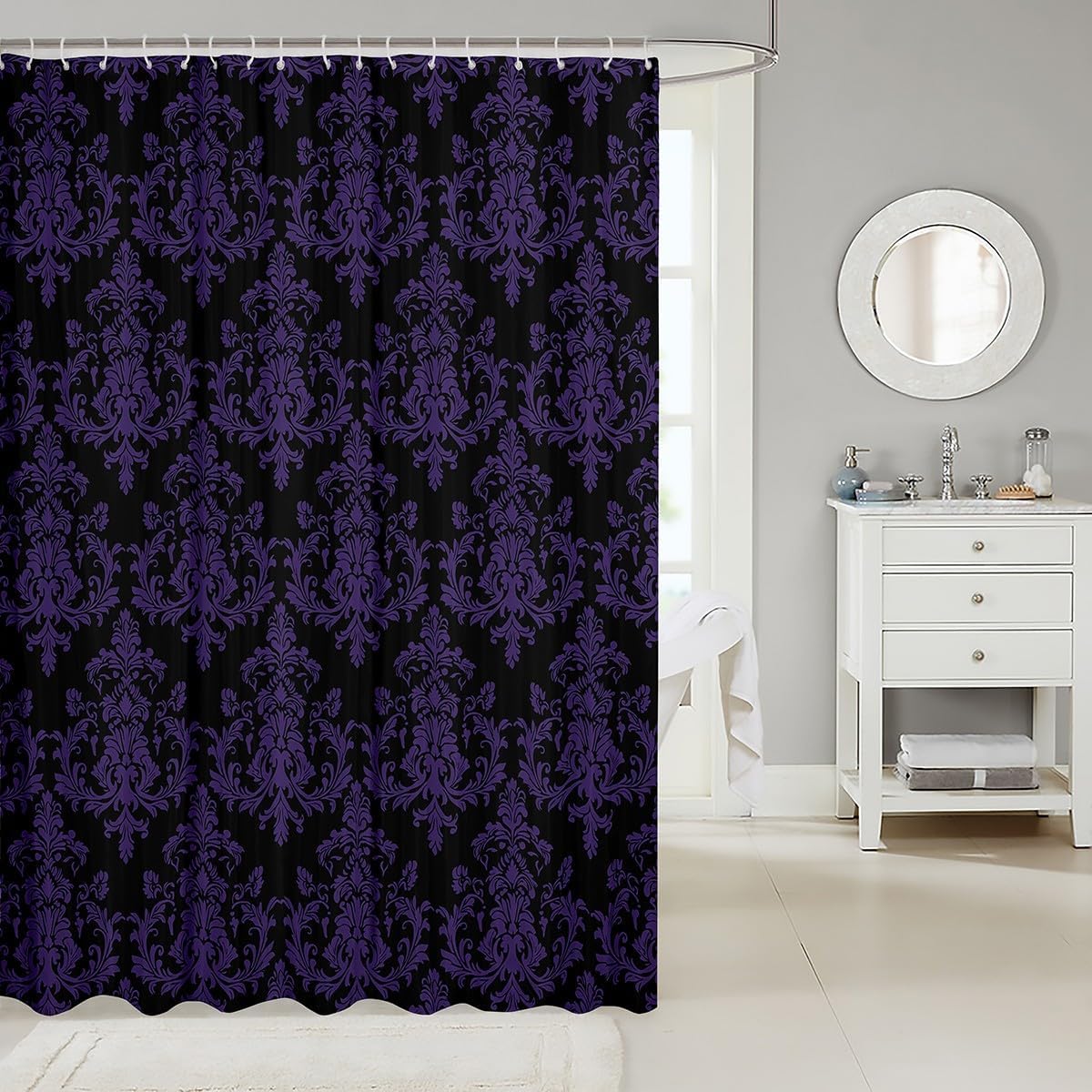 Castle Fairy Black Purple Damask Shower Curtain Waterproof Fabric,Antique Victorian Baroque Boho Bath Curtain,Vintage Gothic Lace Floral Print Hanging Bathtubs Accessories with Hooks, 72Wx78L inch