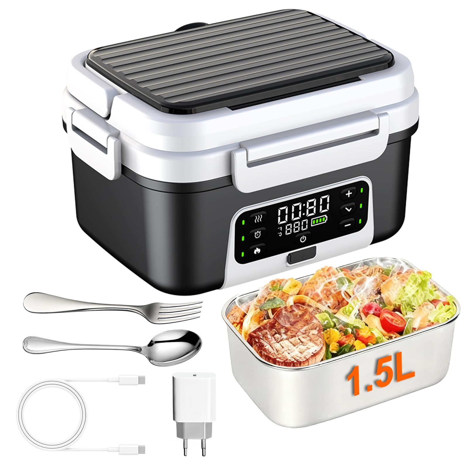 Cordless Elektrische Lunchbox mit 20,000 mAh Akku， automatischer Aufheizfunktion 1,5L Lunchbox for Adult mit Isoliertasche, Gabel & Löffel