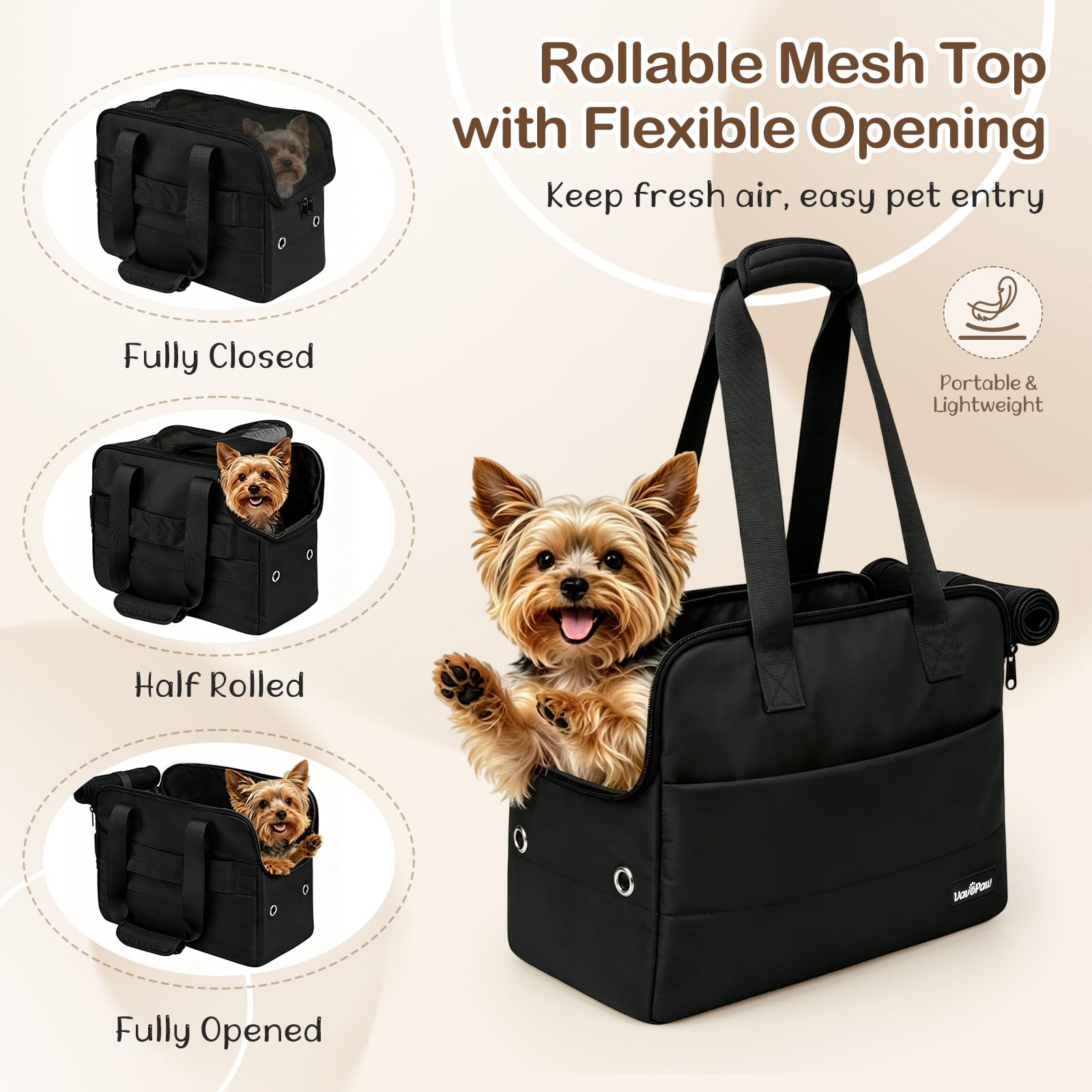 Bolso Transportín para Perros Pequeños, 15" X 11" X 7,9" Transportín De Viaje para Mascotas con Almohadilla De Apoyo, Ganchos De Seguridad, Múltiples Bolsillos, Transportín Blando para Gatos, Negro