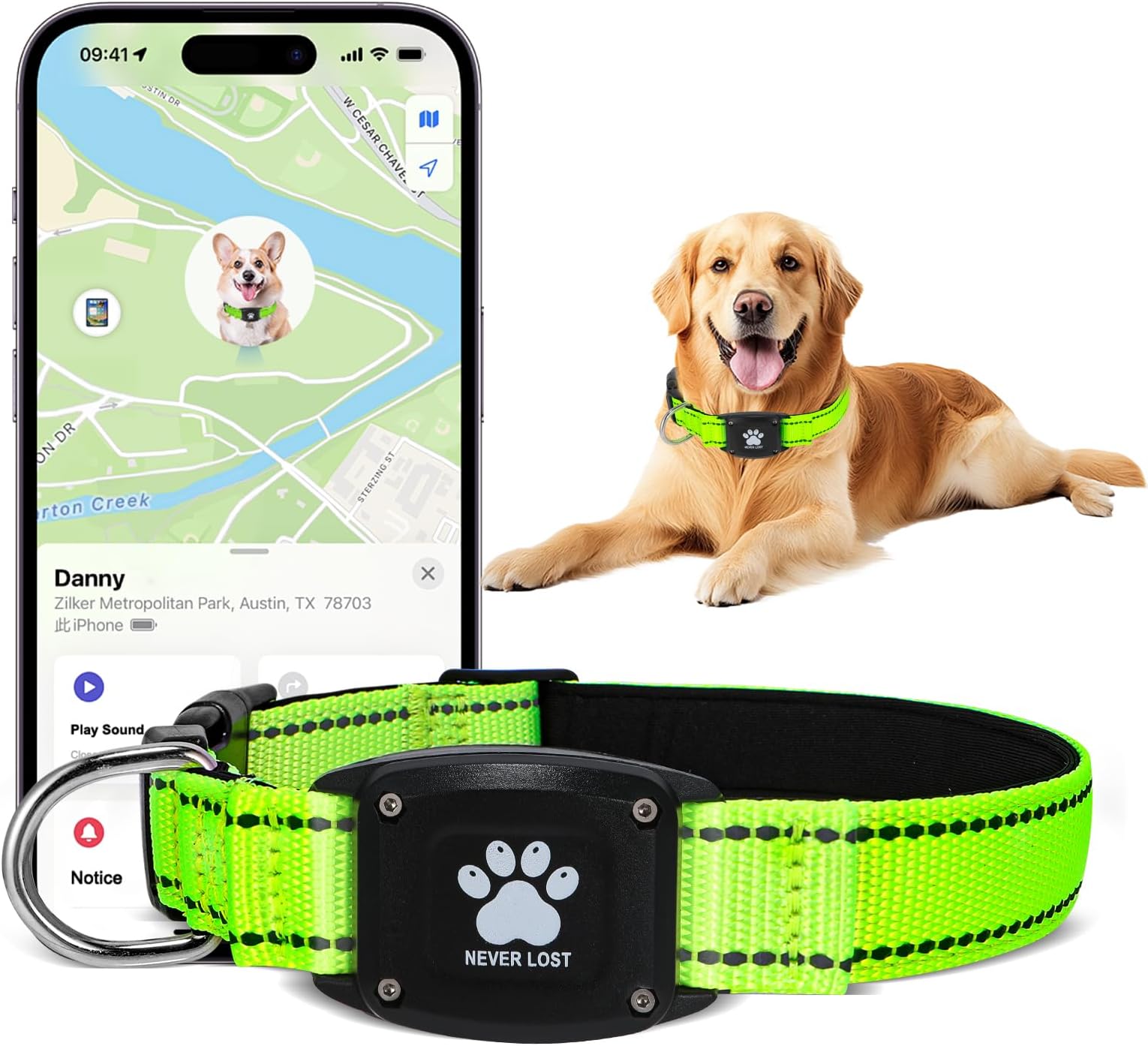 GPS Dog Collar Tracker 2-in-1,Reflective Waterproof Pet Collar,iOS-Only,No Monthly Fees,Unlimited Range,Ideal for Dog Tracking pet Tracker,for Small Medium Large Dogs(M (15"-20.5"), Green)
