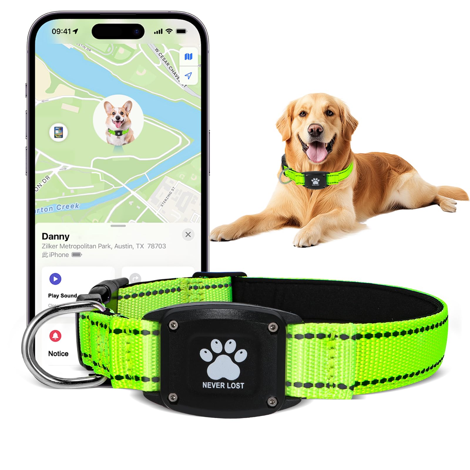 GPS Dog Collar Tracker 2-in-1,Reflective Waterproof Pet Collar,iOS-Only,No Monthly Fees,Unlimited Range,Ideal for Dog Tracking pet Tracker,for Small Medium Large Dogs(M (15"-20.5"), Green)