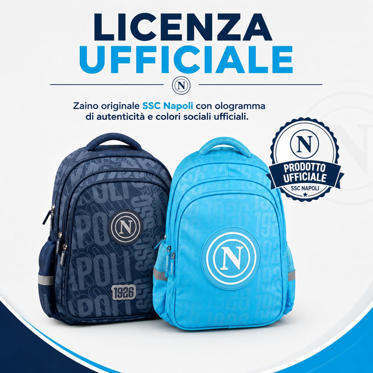 Colourbook Zaino Scuola Napoli Pallone Omaggio (Blu) | Quattro scomparti zip, Tasca interna computer, Spallacci imbottiti regolabili, Tessuto alta resistenza, Calcio originale