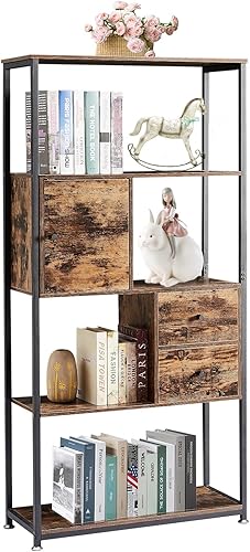 VECELO Estantería de 5 niveles, estantería con cajones y gabinete, 62 x 31 x 12 pulgadas, estantes de madera con marco de metal, estante de