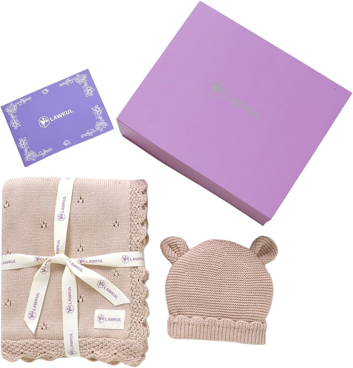 LAWKUL Baby Blanket & Beanie Hat Set 100% Organic Cotton Newborn Swaddle Beanie Soft Cozy for Infants Boy Girl Gift Pink