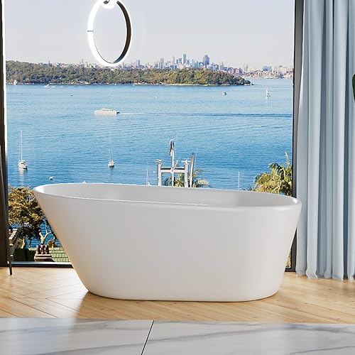 Miniatura 9 de Bañera independiente de acrílico de 69", bañera independiente estilo zapatilla, bañera de remojo con desbordamiento ranurado integrado, desagüe