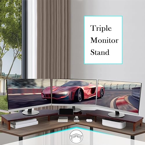 Miniatura 6 de Nnewvante Soporte elevador grande para monitor doble, soporte de monitor de bambú de 60 pulgadas con longitud y ángulo ajustables, 3 estantes