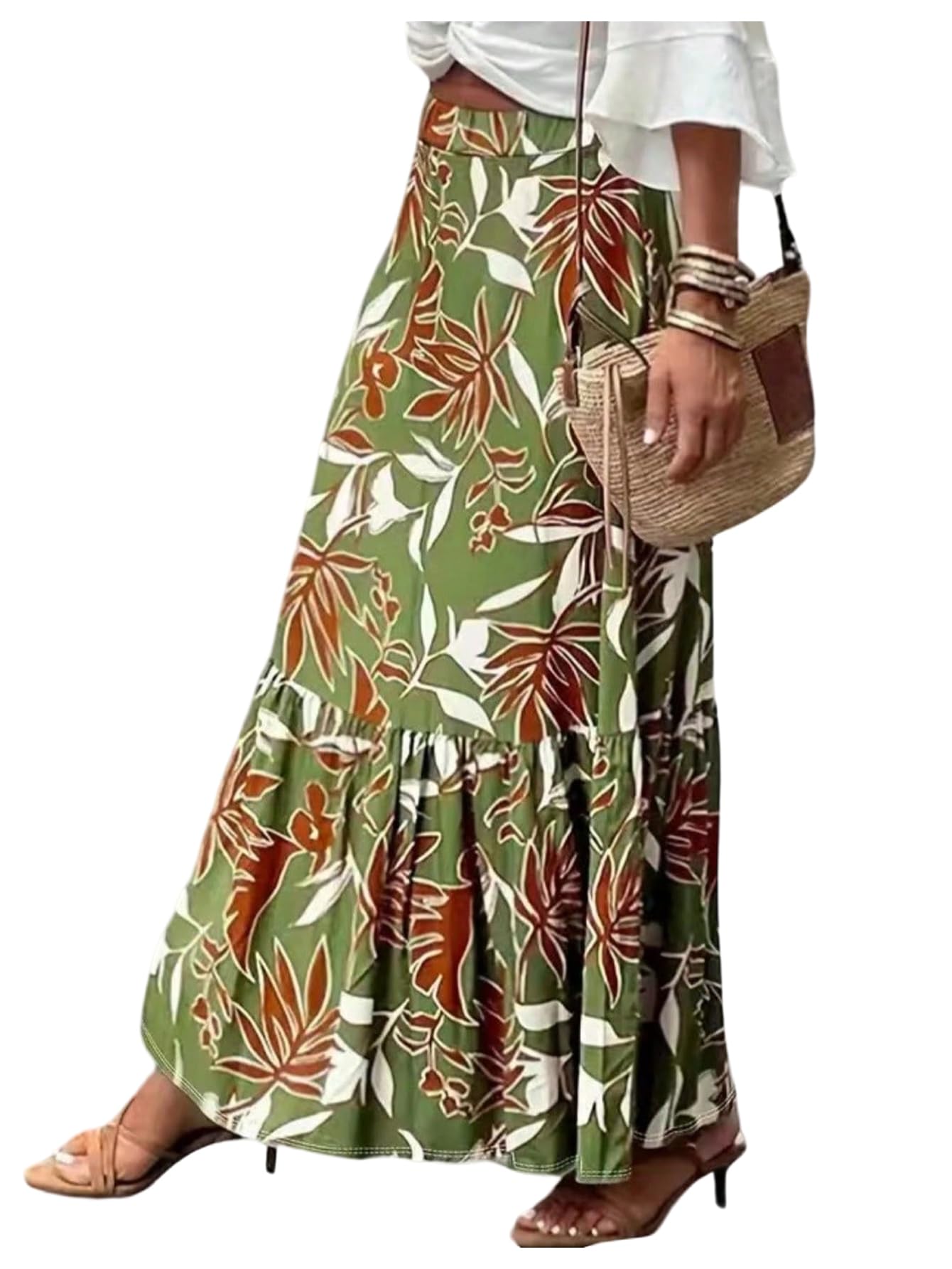 GORGLITTER Womens Boho Western Ruffle Flowy Maxi Skirt Trendy Summer Graphic Elastic High Waisted Beach Long Skirts