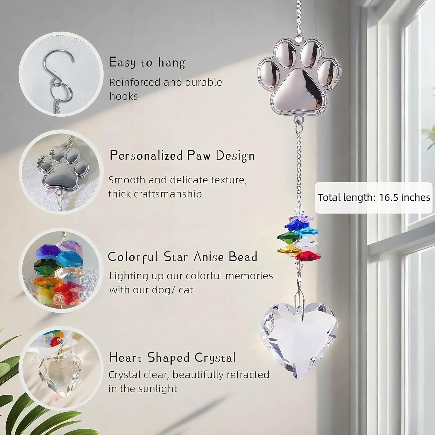Pet Memorial Sun Catcher – Heartfelt Dog and Cat Remembrance Gift, Personalized Paw Design with Durable Hooks, Colorful Star Anise Bead and Crystal Clear Heart Shaped Prism