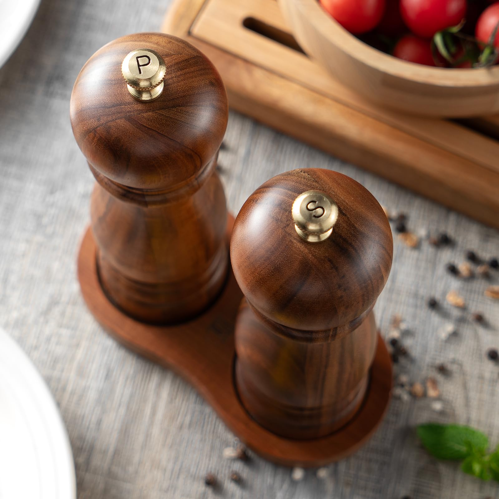 Molinillo de sal y pimienta con bandeja, madera de acacia, juego de 2 molinillos manuales de sal y pimienta, molinillo de sal y sal, mecanismo de cerámica, 7 pulgadas (madera)
