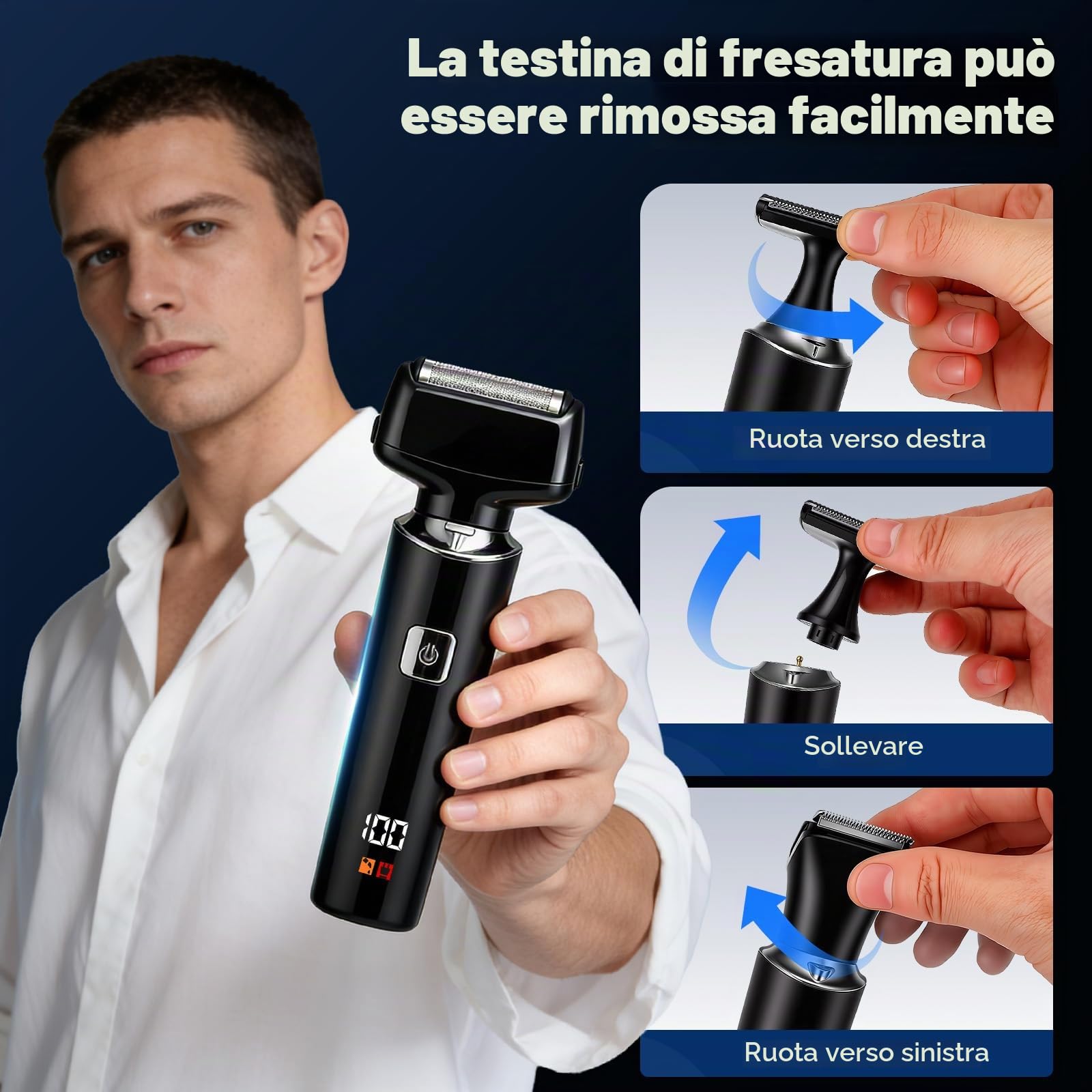 Rasoio Elettrico da Uomo Ricaricabile, 5 in 1 Pilatore Corpo con Maniglia Estesa Pieghevole, Rifinitore per del Corpo da Uomo per Viso Mento Braccio Schiena peli pubici
