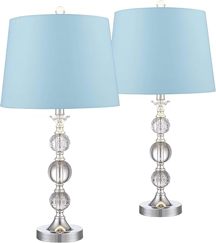 360 Lighting Solange - Juego de 2 lámparas de mesa modernas de 25 pulgadas de alto, bola de cristal apilada, pantalla de tambor de tela azul para