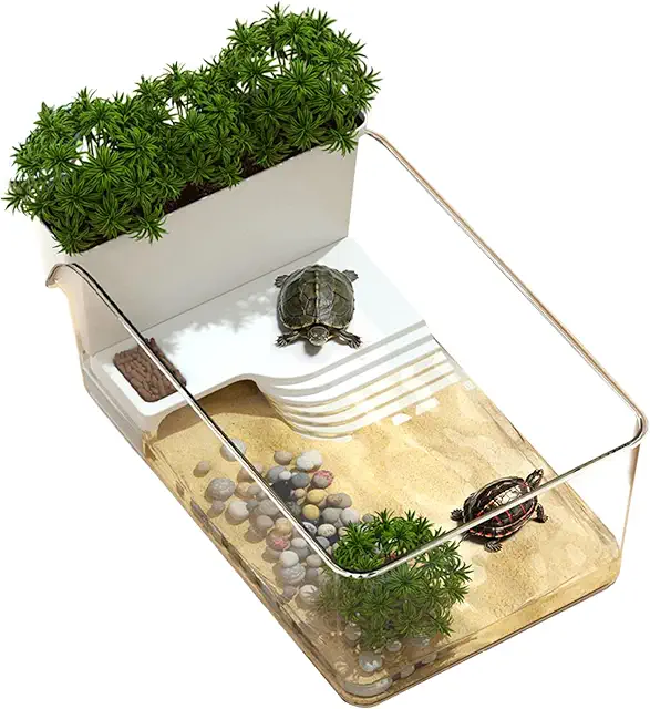Terrario per tartarughe d'acqua con spazio arrampicata e vaso fiori, 32,7x19,3x12,2 cm