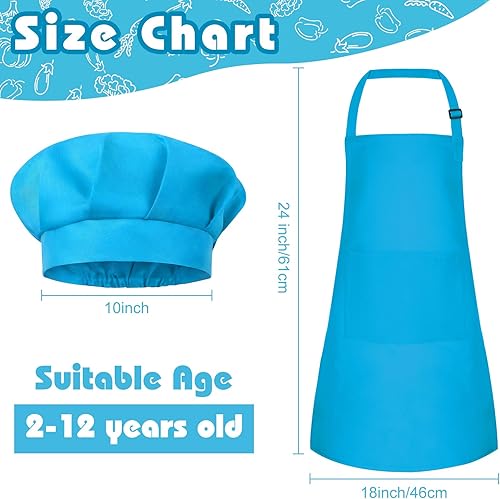 Miniatura 2 de Conjunto de Delantal y Gorro de Chef para Niños, Delantal Infantil Ajustable con 2 Bolsillos, para Niños Chef y Pintura, Cocinar, Hornear Azul