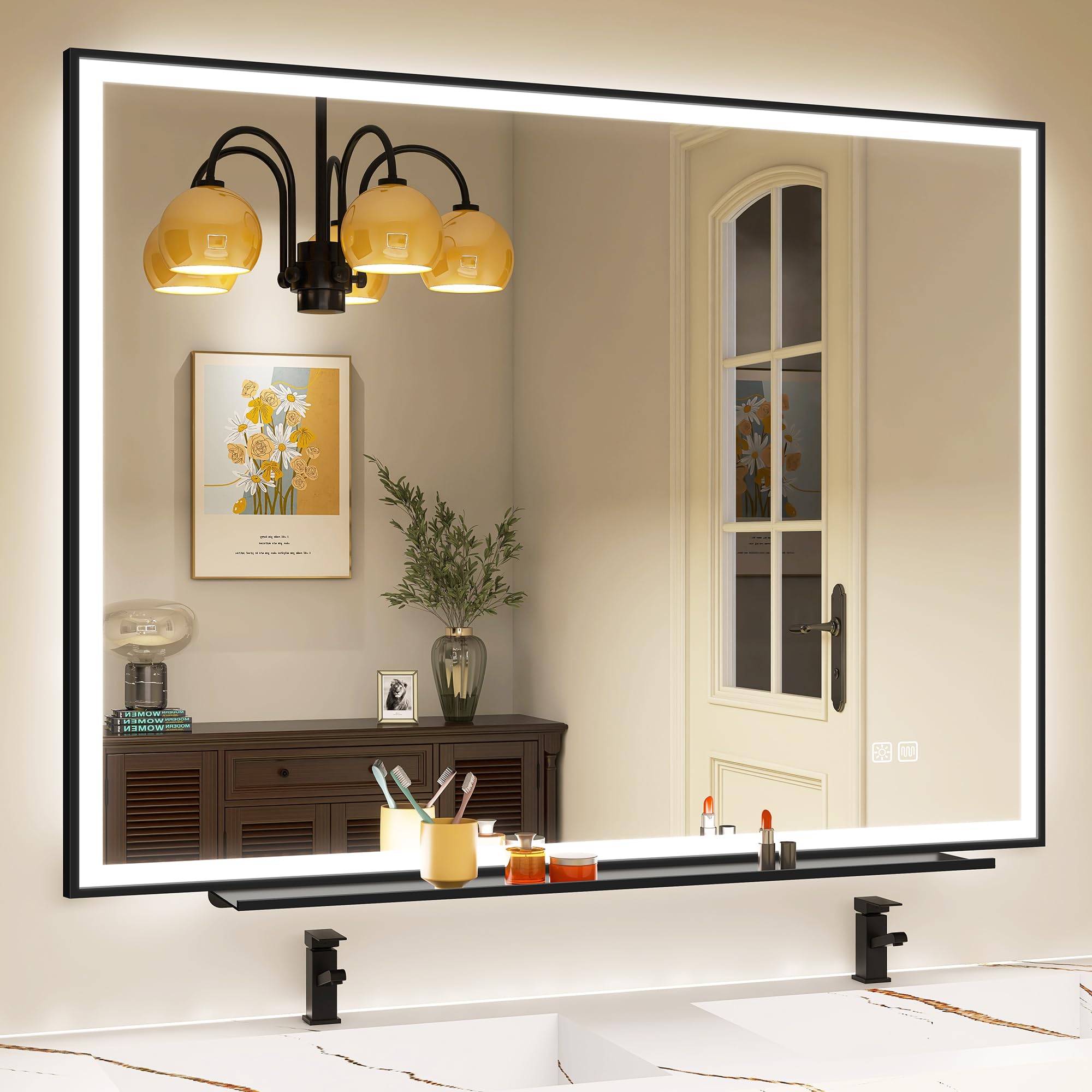 STARLEAD 120x90cm Miroir-Salle-de-Bain-avec-Eclairage-et-Tablette, Cadre en Aluminium Noir, Anti-Buée Miroir-LED-Salle-de-Bain, 3 Couleurs Réglables, Verre Trempé, IP44, Horizontal/Vertical