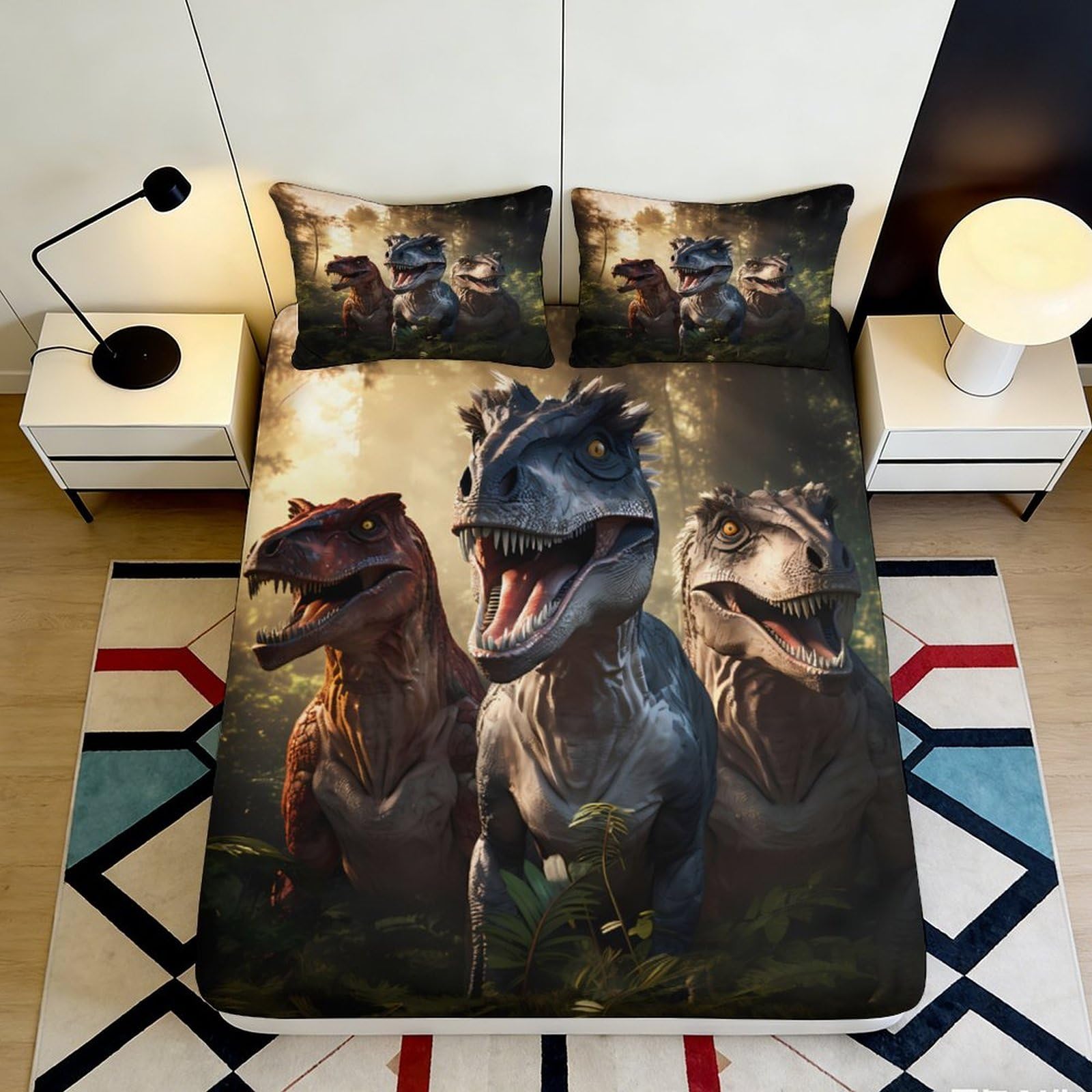 3D Printed Dinosaur Fitted Sheet Microfiber Soft Breathable Jurassic Bed Cover for Bedroom Dormitory Guest Room Mattress Protection Decor 200x200x25cm