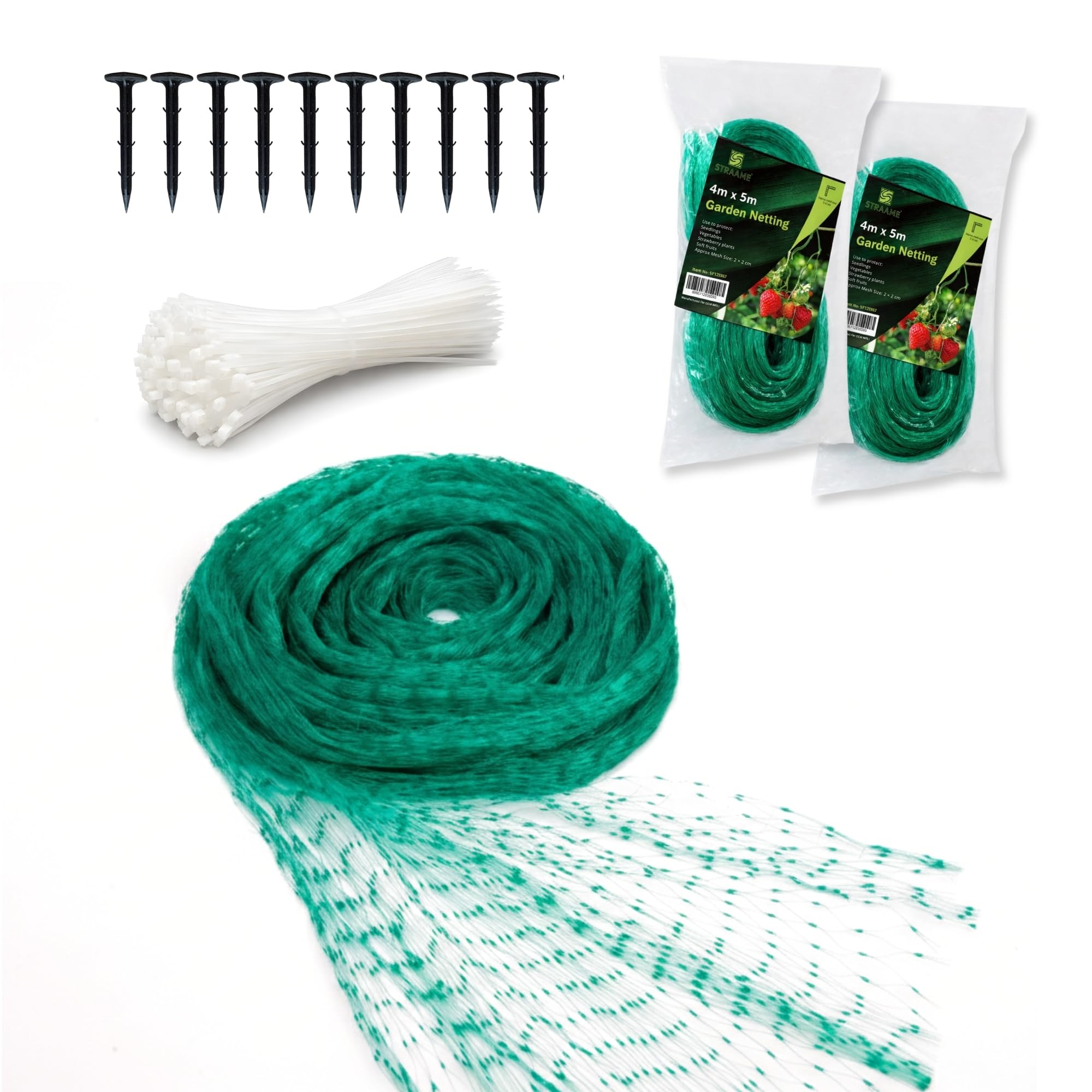 Straame Garden Netting 4m x 5m Fine Mesh, Gardening Bird Net for Veg Patch, Raised Bed Cover, Fruit Cage & Pond Protection, Garden Mesh for Allotment & Strawberries, 2 Pack Including Pegs & Cable Ties