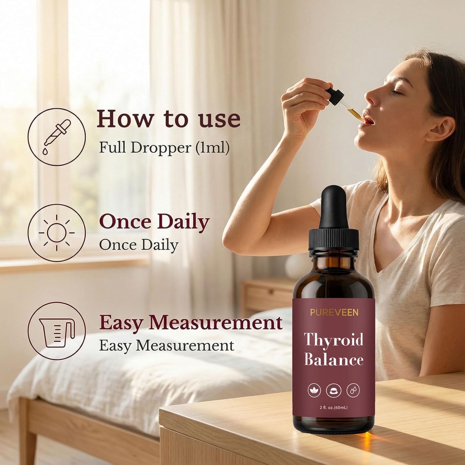 Pureveen Thyroid Balance, Thyroid Support Drops for Women, Liquid Supplement with Milk Thistle, Selenium, Zinc, Magnesium, Daily Wellness & Energy Support, 60ML