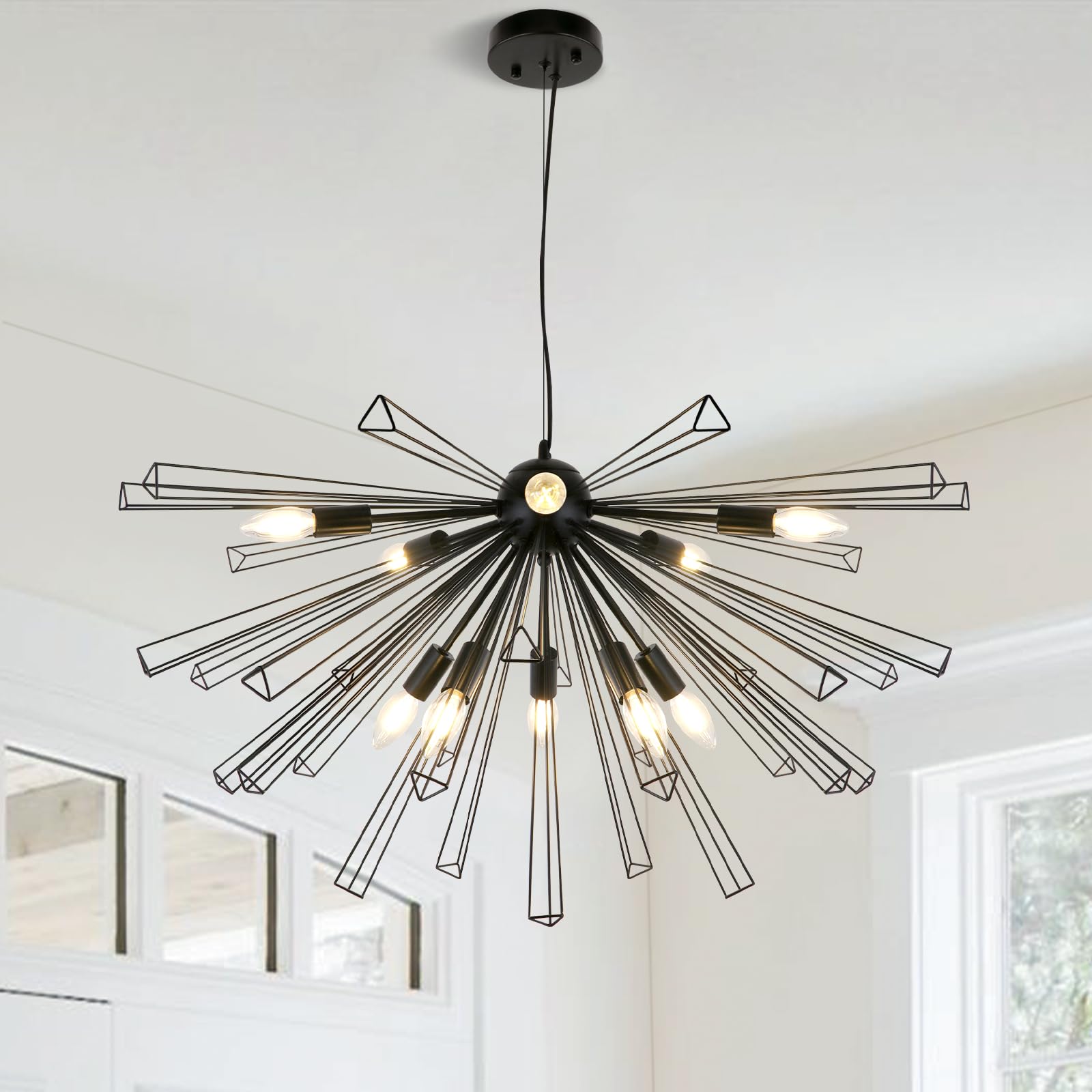 LynPon Black Sputnik Chandelier 34.6", 10 Lights Modern Dining Room Pendant Light Fixtures Over Table, Starburst Firework Ceiling Lights for Kitchen Island Living Room Bedroom Hallway Foyer