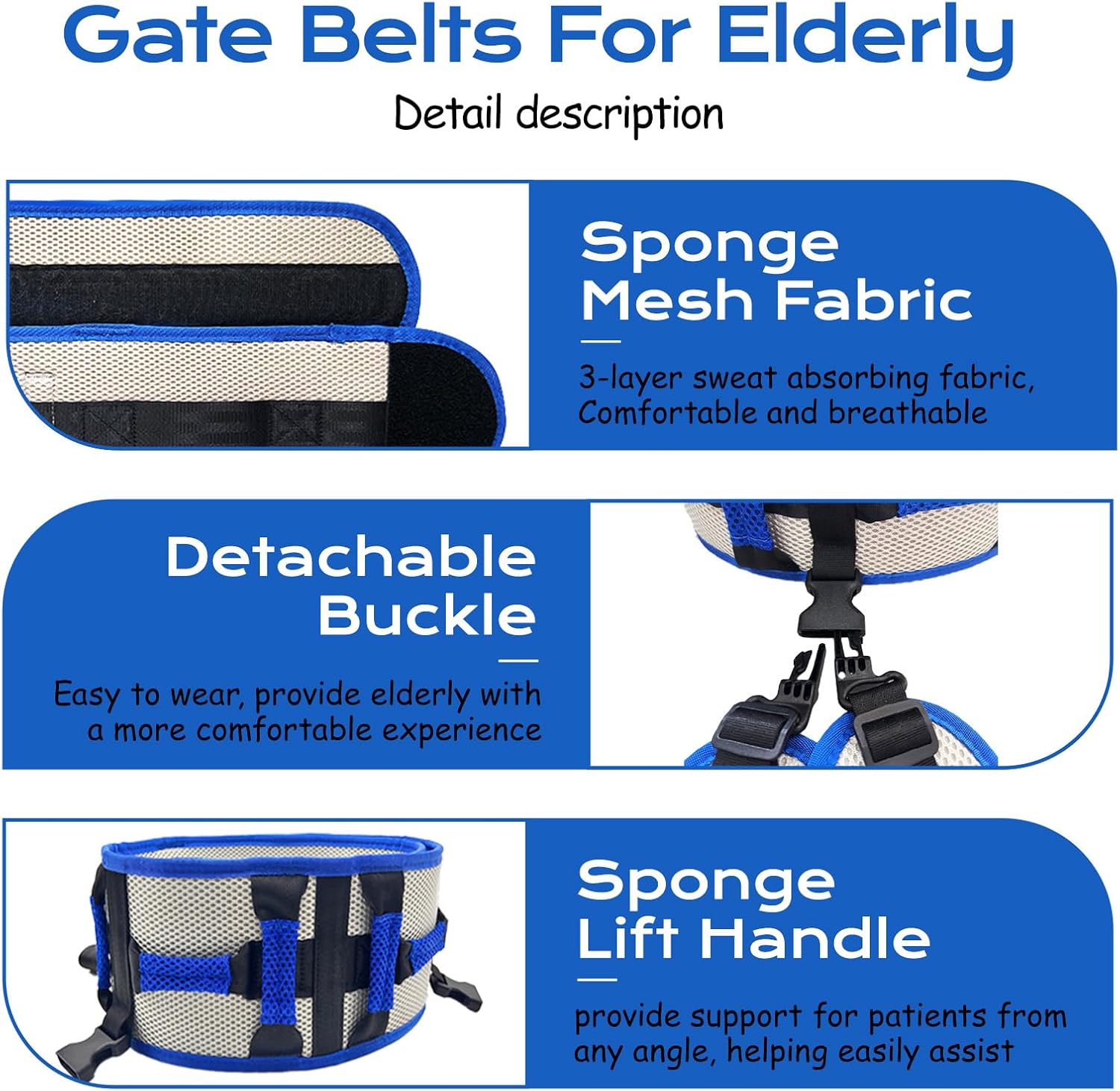 Adjustable Gait Belts for Seniors with Handles, Gate Belts Medical for Elderly, Transfer Belt for Elderly and Disabled, Safety Belt for Elderly Walking, Transfer Sling to Wheelchair (Blue)