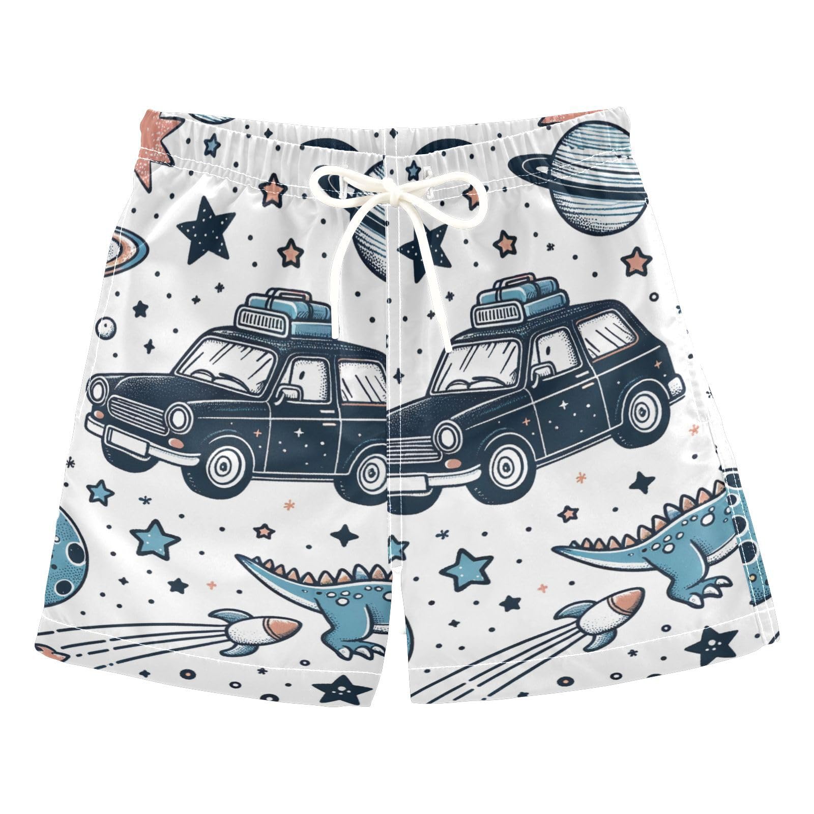 FLildon Cute Planets Dino Little Boys Swim Trunks with Mesh Lining Quick Dry Beach Board Shorts, 3T