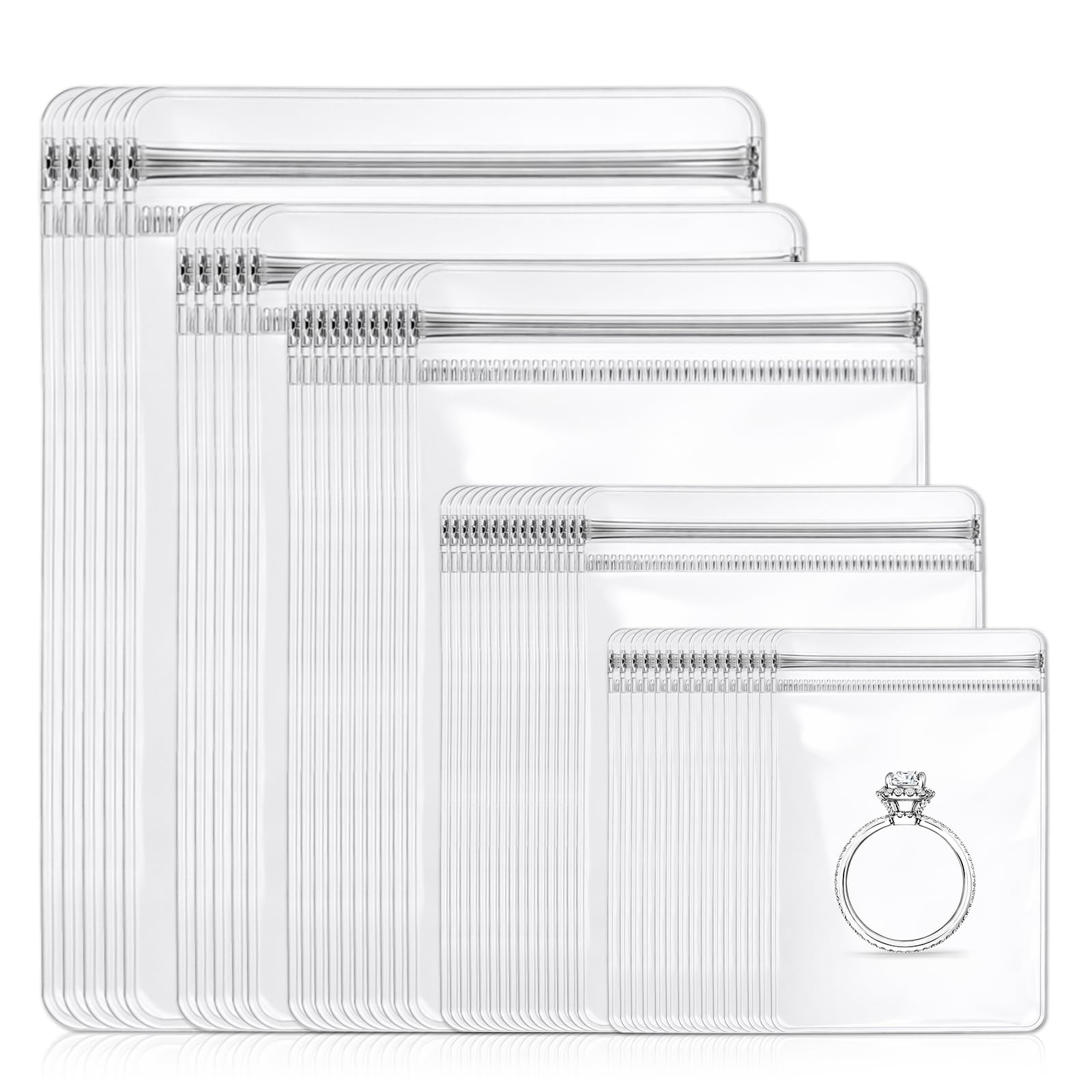 50 PCS PVC Clear Jewelry Storage Bags, Plastic Self-Sealing Zipper Pouches, Small Resealable Anti-Tarnish Bags for Earrings Rings Bracelets Small Jewelry Packaging, 5 Sizes