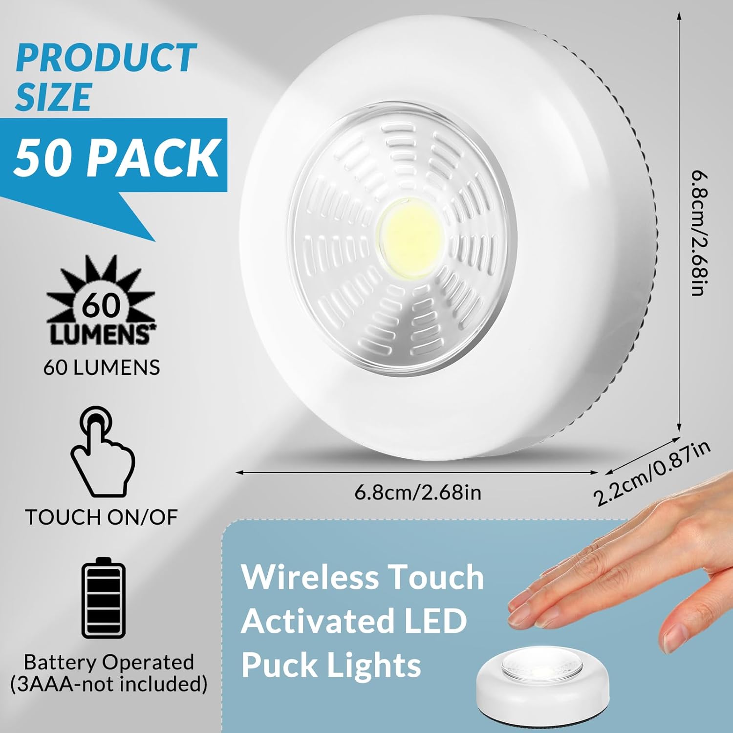 Macarrie 50 Pcs Push Tap Light 2.68" Mini Night Touch LED Puck Lamp Wireless Portable Under Cabinet 60 Lumens Battery Operated Stick on Lights for Counter Wall Closet Kitchen (White)