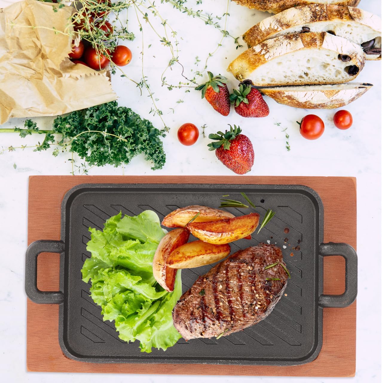 Yardwe Thickened Cast Iron Teppanyaki Grill Pan 12.6X7.5 Inches Square Grill Plate with Dual Handles for Even Heat Bbq Steak Cooking and Outdoor Grilling