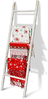 Wooden Blanket Ladder, 4.8ft Throw Blanket Holder for Living Room, Bedroom, Rustic Decorative Quilt Towel Rack Stand Ladders, Farmhouse Wood Ladder Home Decor for Blankets Display