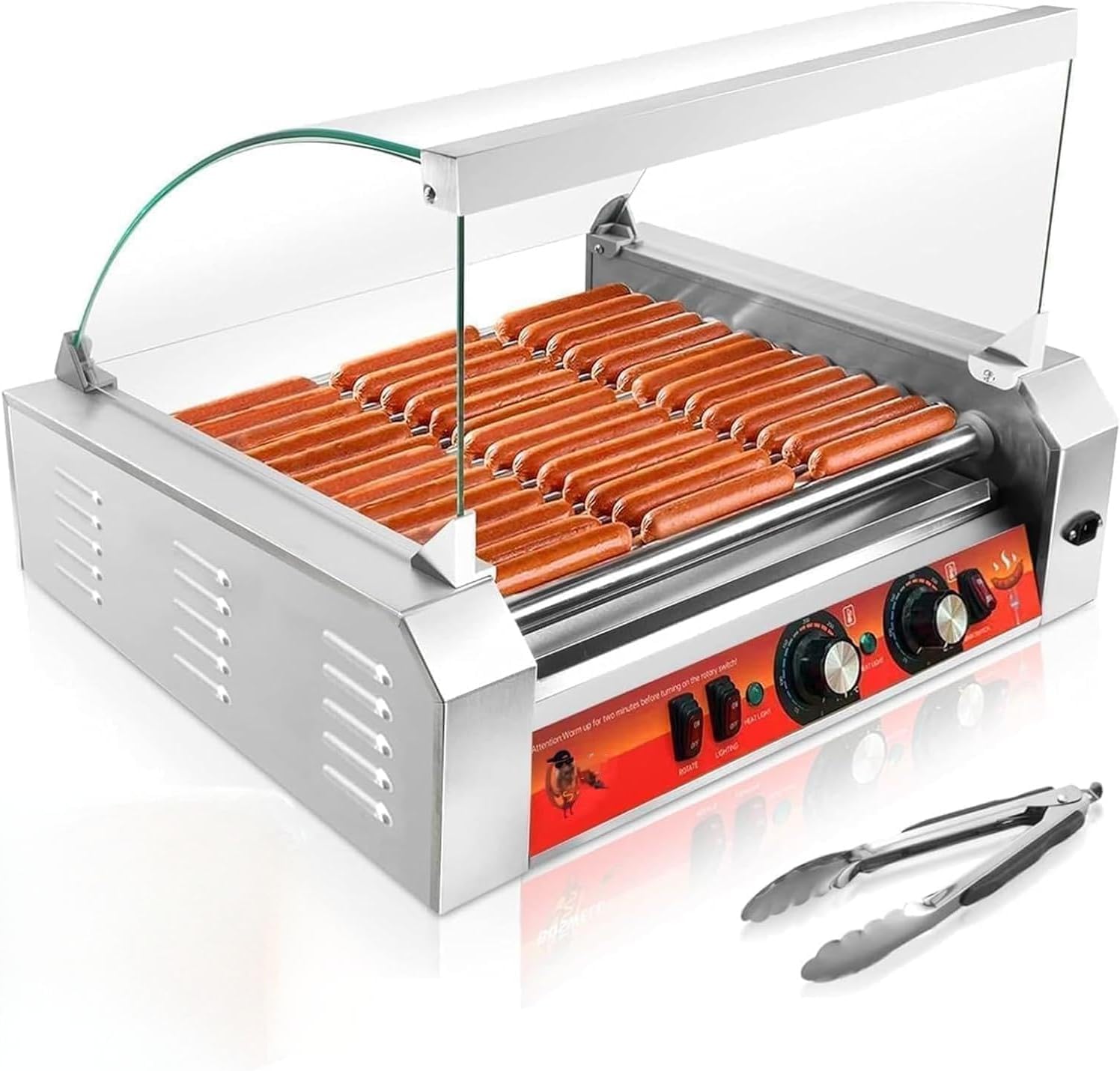 Hot Dog Roller Grill with 11 Non-Stick Stainless Steel Rollers, 1670W Non-Stick Horizontal Grill Pan with Drip Tray & Even Heating, Compact Sausage Cooking Utensil for Camping & Family Meals