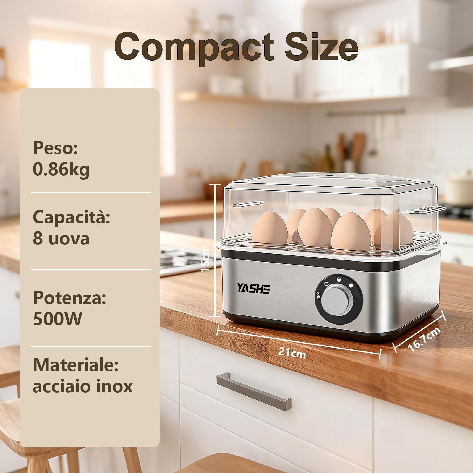 YASHE Cuociuova elettrico in acciaio inox per 8 uova sode, medie e alla coque, in camicia con spegnimento automatico e cicalino, include ciotola per frittata e misurino, senza BPA