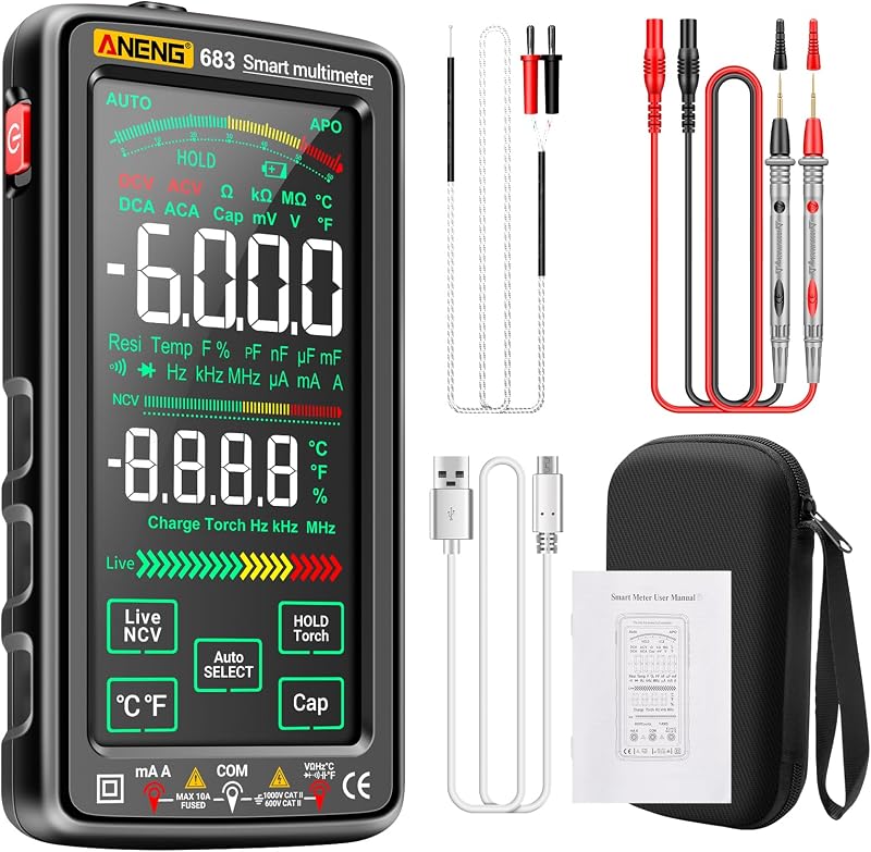 Smart Multimeter, Smart Digital multimeter Tester with Touch Screen 6000 Counts Auto Ranging Rechargeable multimeter A Reverse Display NCV Tester with Flashlight for Electricians,DIY (Black)