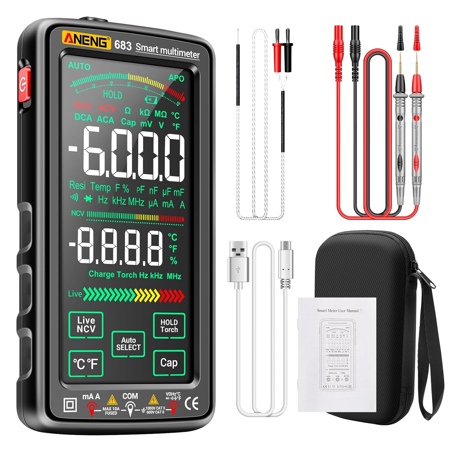 Smart Multimeter, Smart Digital multimeter Tester with Touch Screen 6000 Counts Auto Ranging Rechargeable multimeter A Reverse Display NCV Tester with Flashlight for Electricians,DIY (Black)