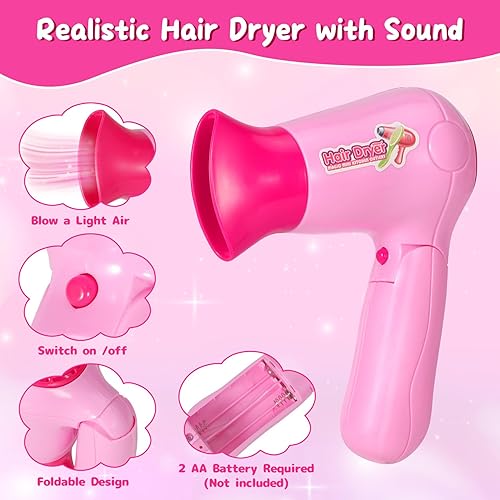 Miniatura 3 de VGOFUN Juguetes de peluquería para niñas, 27 piezas de salón de belleza para niños, kit de estilista de belleza con luz musical y secador de pelo