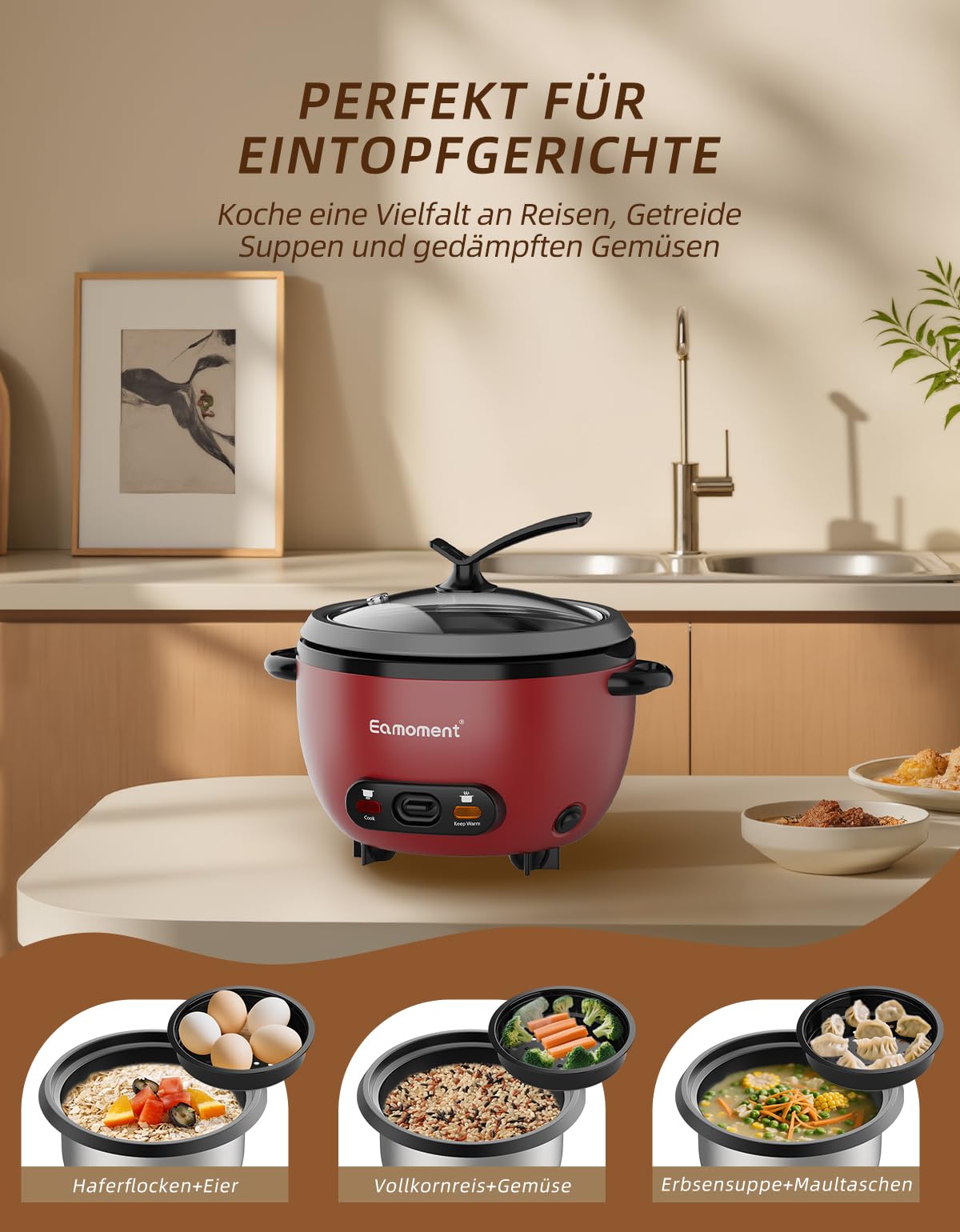 ERC-5P07RD 1L | 400W Cuiseurs à riz & insert vapeur Warm & Cook 1-5 personnes marmite à revêtement antiadhésif, cuillère à riz et tasse à mesurer