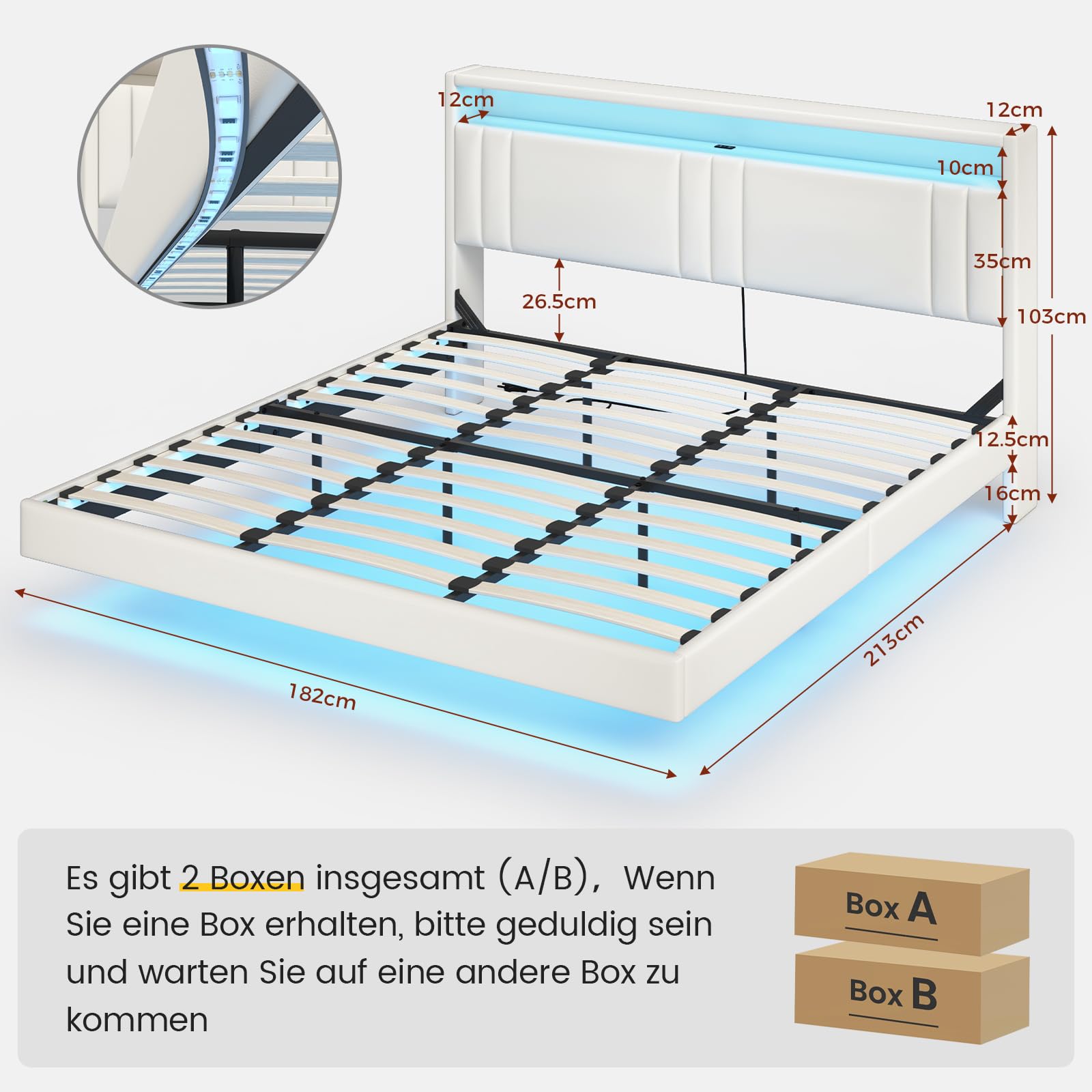 KIMENICH Polsterbett 180x200 cm, Schwebebett, Bettrahmen mit LED-Beleuchtung, Ladestation, Doppelbettgestell, Bettgestell mit Kopfteil, Bett, Schwebender visueller Effekt, für Schlafzimmer, PU Weiß