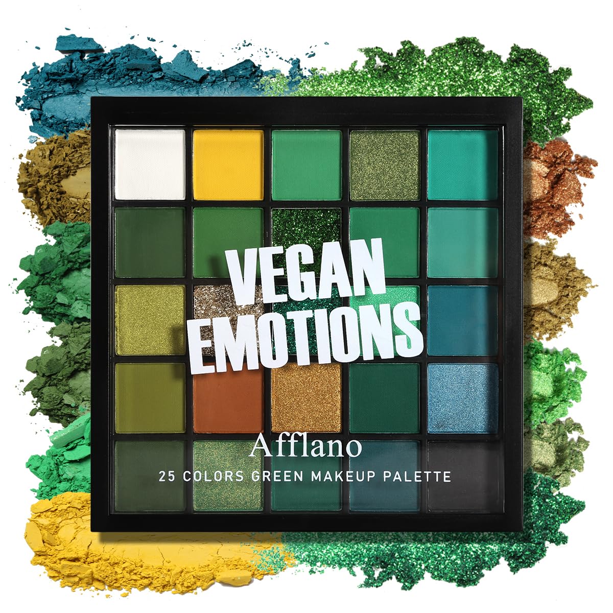 Afflano Paleta de sombra de ojos verde, pigmentada verde brillante, 25 colores, sombra de ojos colorida, verde, blanco, negro, oscuro, amarillo, azul, verde, paletas de maquillaje, sombra de ojos,