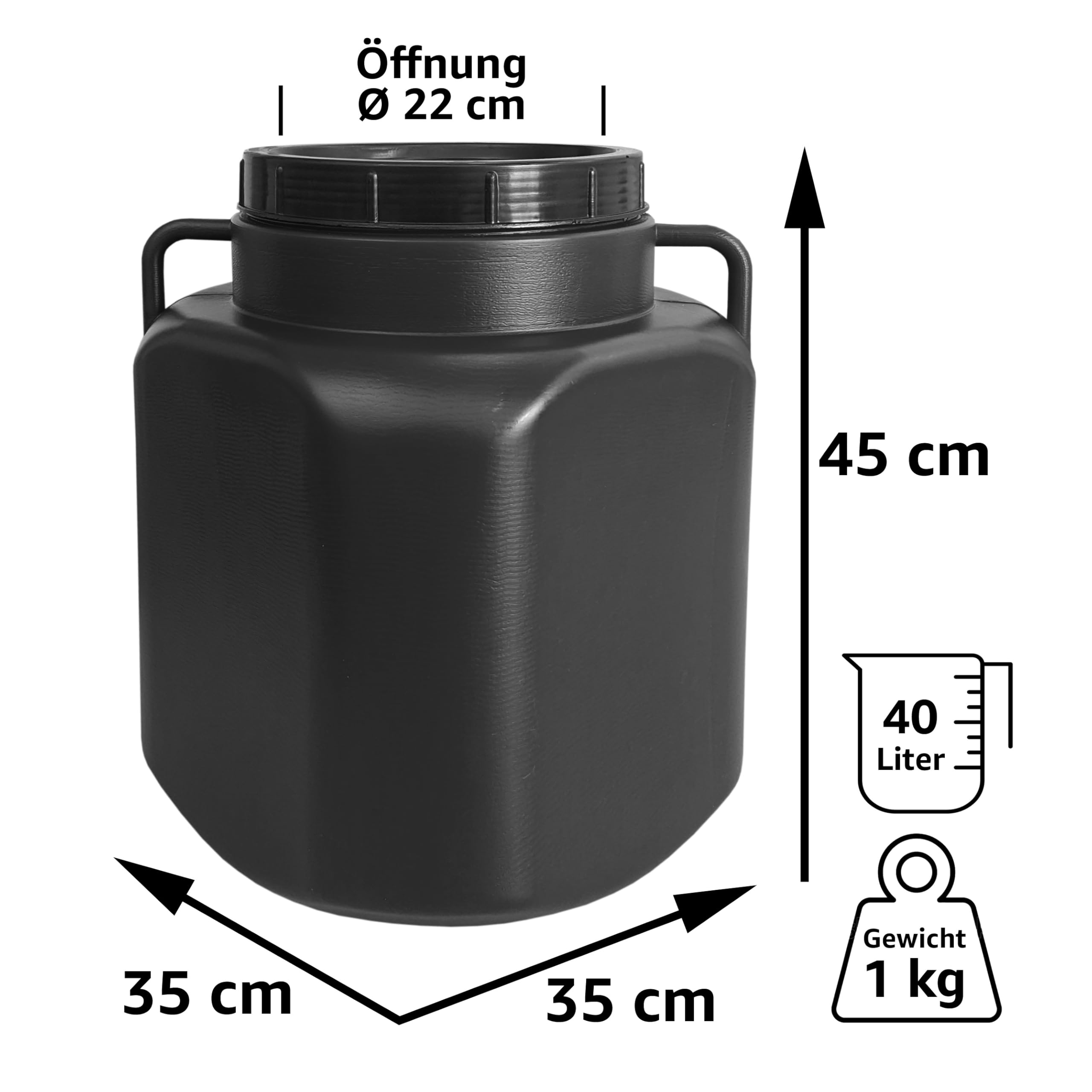 plasteo Baril à col large de 40 litres avec couvercle et poignées, rectangulaire, noir, pour aliments et sans BPA, en plastique, universel, pour eau de pluie
