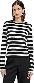 كنزة صوفية من كوتون برقبة دائرية للنساء، تصميم ضيق بأكمام طويلة، لون إكرو مخطط، مقاس متوسط