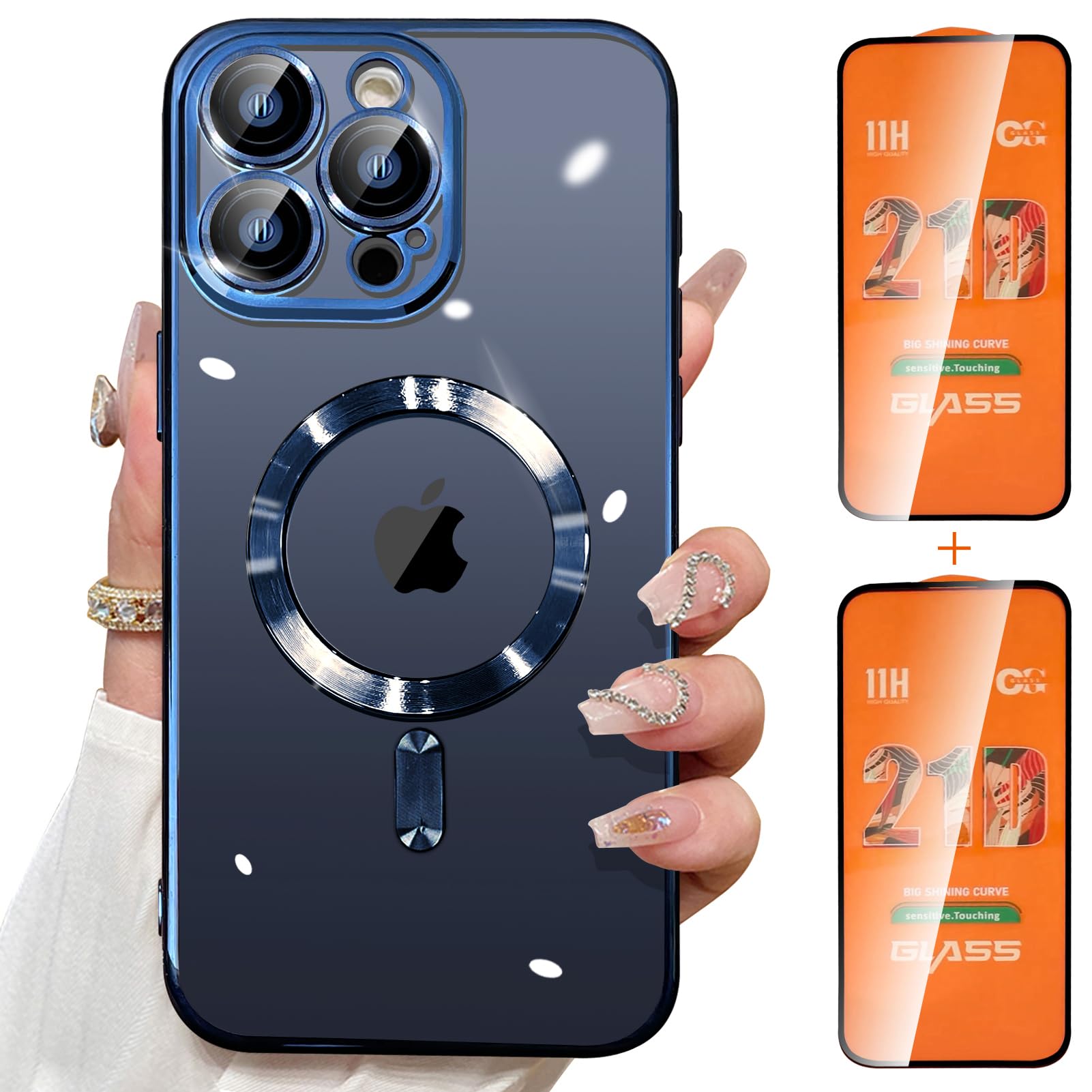 for iPhone 15 Pro Max Case Magsafe, Magnetic Clear Phone Case with Screen Protector and Camera Cover, Transparent Electroplated Case for Women/Girl/Men (Blue)