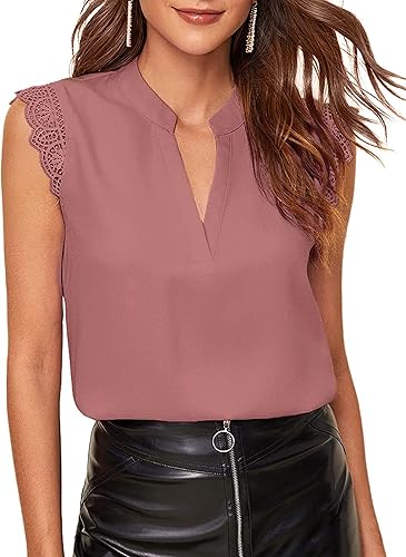 Milumia Blusa sin mangas con cuello en V elegante con muesca para mujer, blusa de trabajo de oficina con encaje guipur