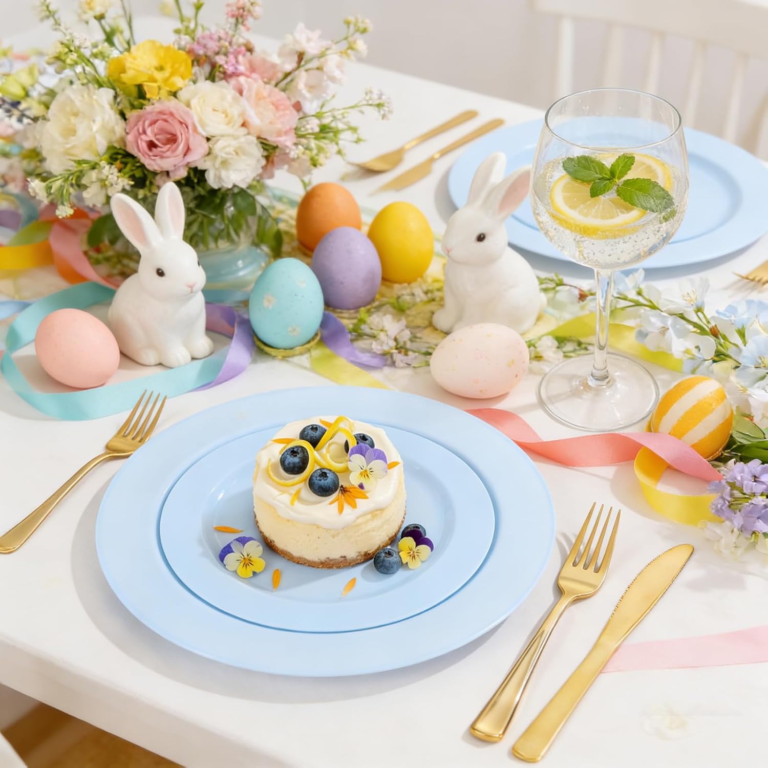 FLOWERCAT 60PCS Light Blue Heavy Duty Plastic Disposable Party Plates Set – 30pcs 10.25″ Dinner & 30pcs 7.5″ Dessert Plates – Durable Blue Tableware for Easter Parties, Wedding, BBQ & Baby Shower