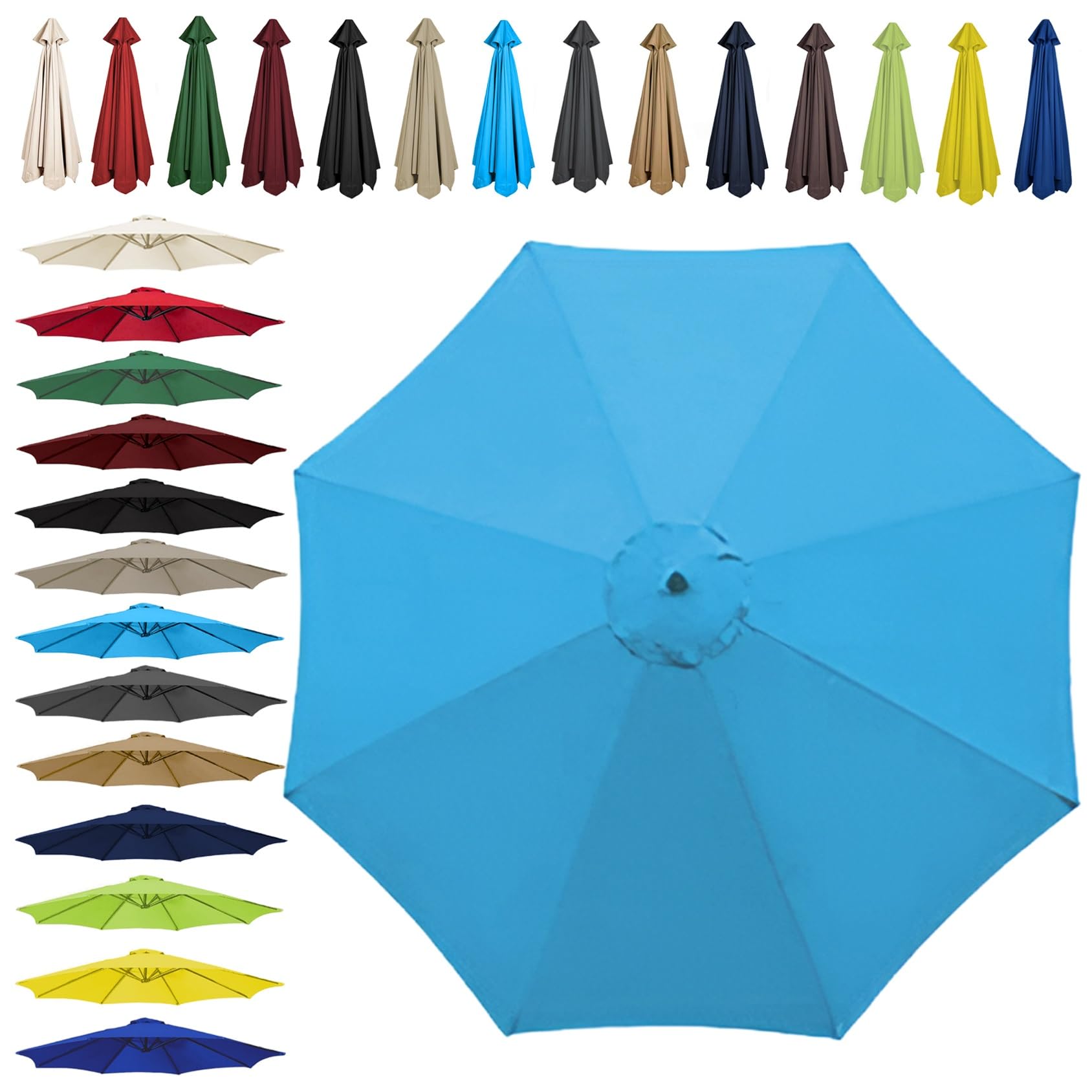 Sun Umbrella Replacement Cloth - 200cm | 2.7m | 300cm (6.5'/8.8'/9.8') - Umbrella Replacement Canopy For 6 Arms/8 Arms, Waterproof UV Protective Polyester Cloth(Color:Lake blue,Size:8 ribs-2.7m(8.8ft) — image 1